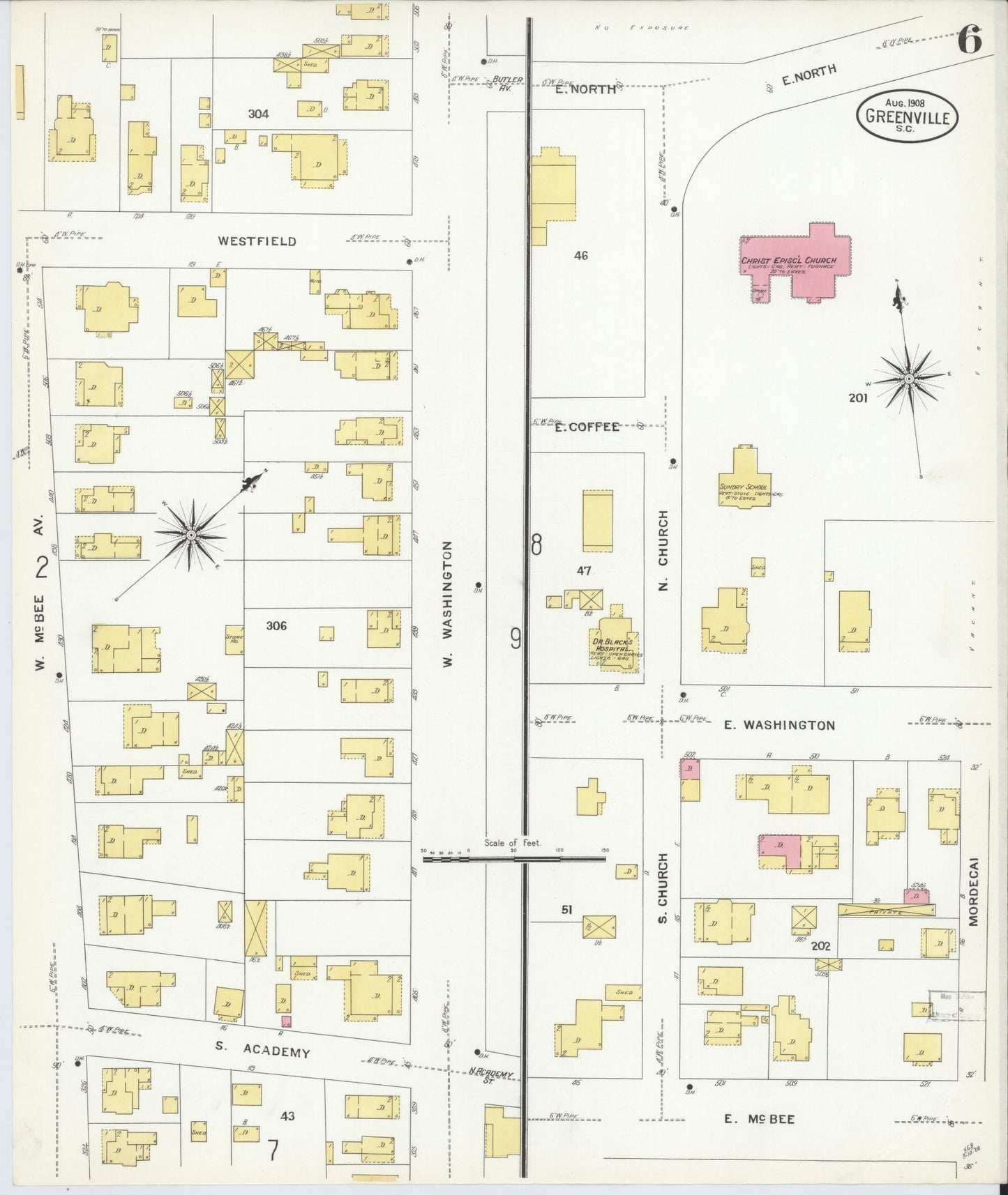 Sanborn Fire Insurance Map from Greenville, Greenville County, South Carolina (1908), Sheet #0006 - Historic Sanborn Fire Insurance Map Print, vintage old map wall art, antique decor, genealogy gift, South Carolina South Carolina map