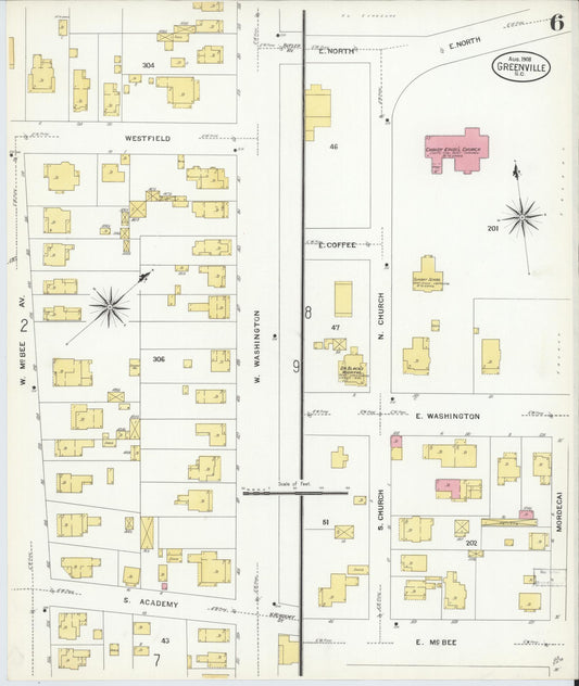Sanborn Fire Insurance Map from Greenville, Greenville County, South Carolina (1908), Sheet #0006 - Historic Sanborn Fire Insurance Map Print, vintage old map wall art, antique decor, genealogy gift, South Carolina South Carolina map