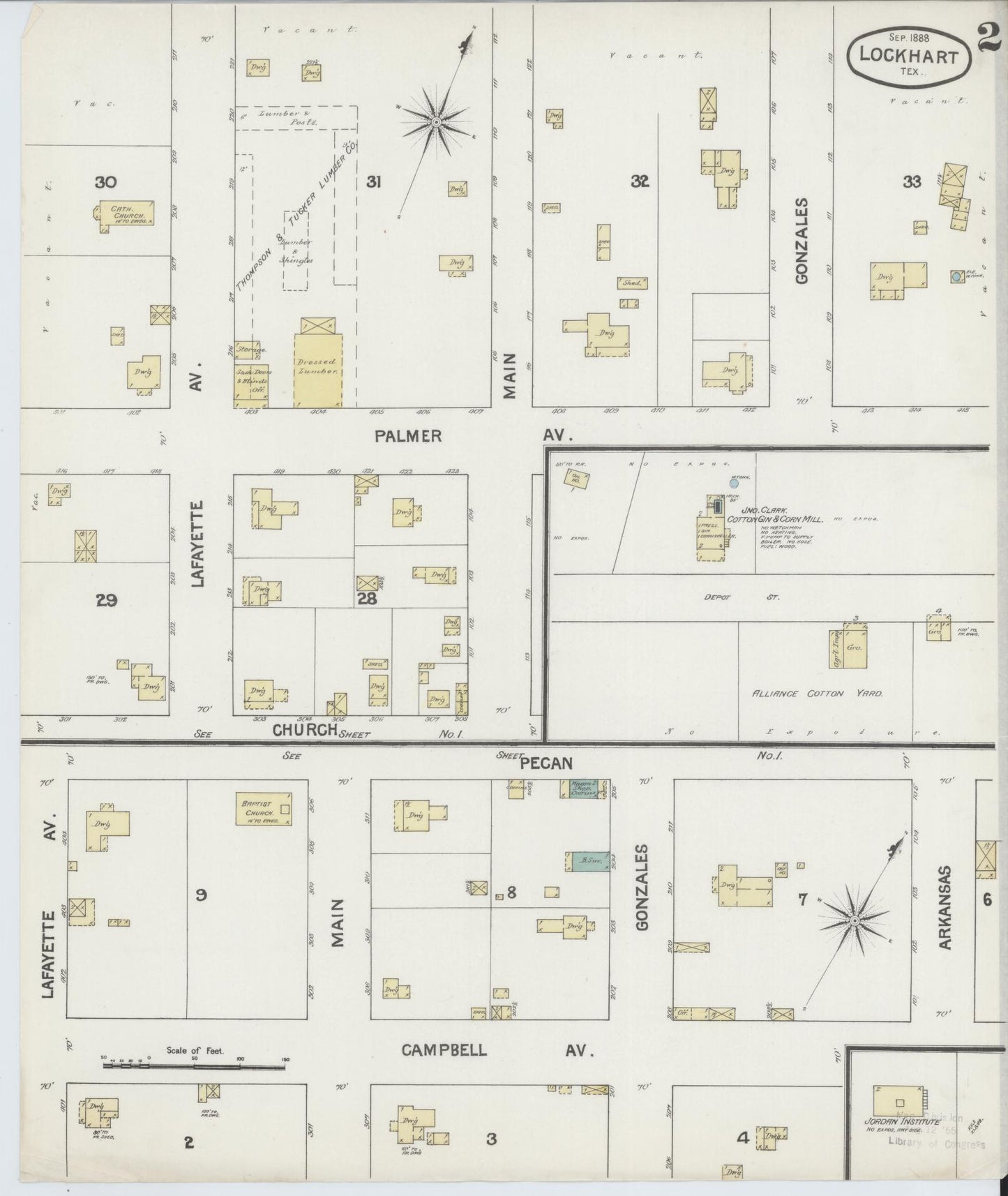 Sanborn Fire Insurance Map from Lockhart, Caldwell County, Texas (1888), Sheet #0002 - Historic Sanborn Fire Insurance Map Print, vintage old map wall art, antique decor, genealogy gift, Texas Texas map