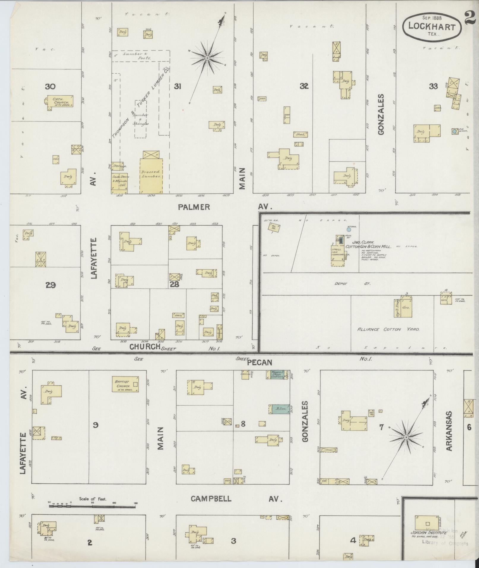 Sanborn Fire Insurance Map from Lockhart, Caldwell County, Texas (1888), Sheet #0002 - Historic Sanborn Fire Insurance Map Print, vintage old map wall art, antique decor, genealogy gift, Texas Texas map