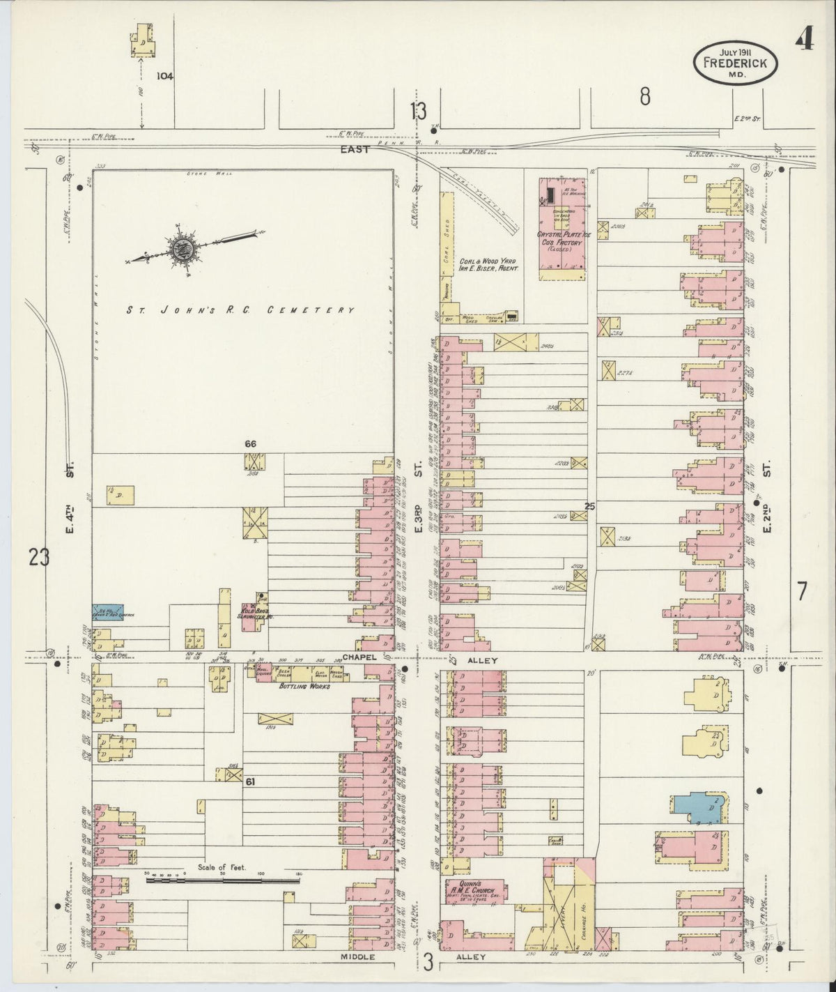 Sanborn Fire Insurance Map from Frederick, Frederick County, Maryland (1911), Sheet #0004 - Historic Sanborn Fire Insurance Map Print, vintage old map wall art, antique decor, genealogy gift, Maryland Maryland map