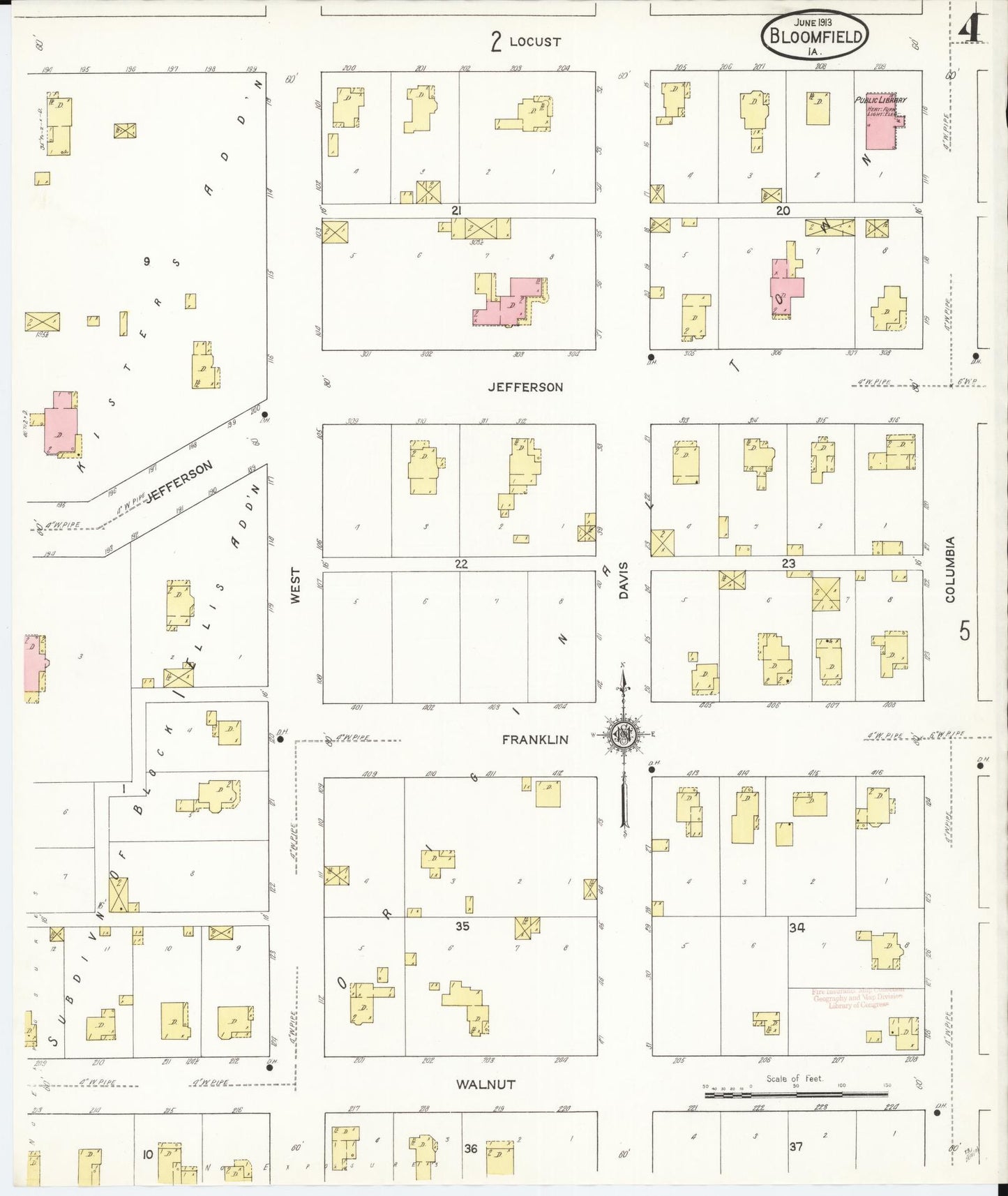 Sanborn Fire Insurance Map from Bloomfield, Davis County, Iowa (1913), Sheet #0004 - Historic Sanborn Fire Insurance Map Print, vintage old map wall art