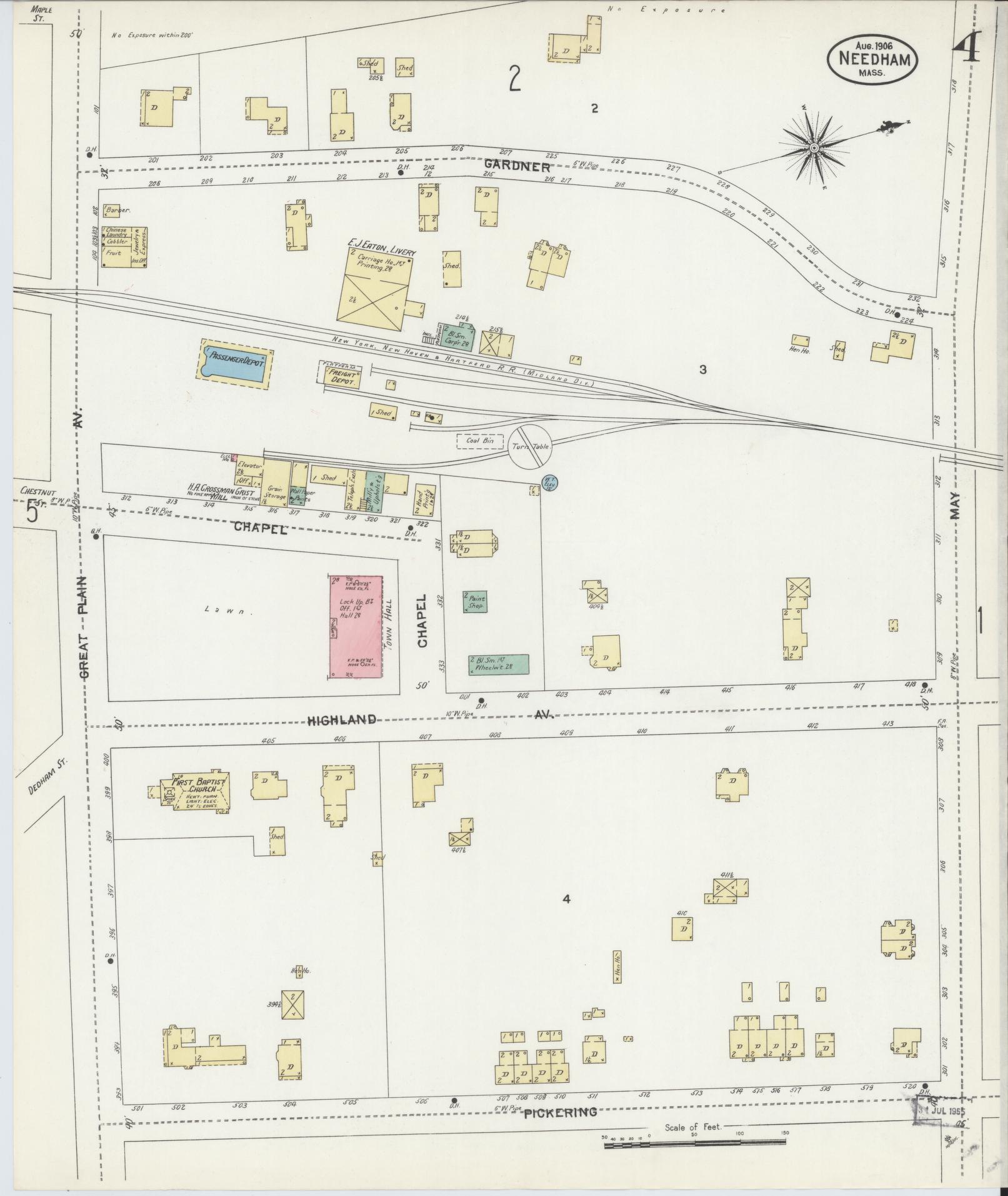Sanborn Fire Insurance Map from Needham, Norfolk County, Massachusetts (1906), Sheet #0004 - Historic Sanborn Fire Insurance Map Print, vintage old map wall art, antique decor, genealogy gift, Massachusetts Massachusetts map