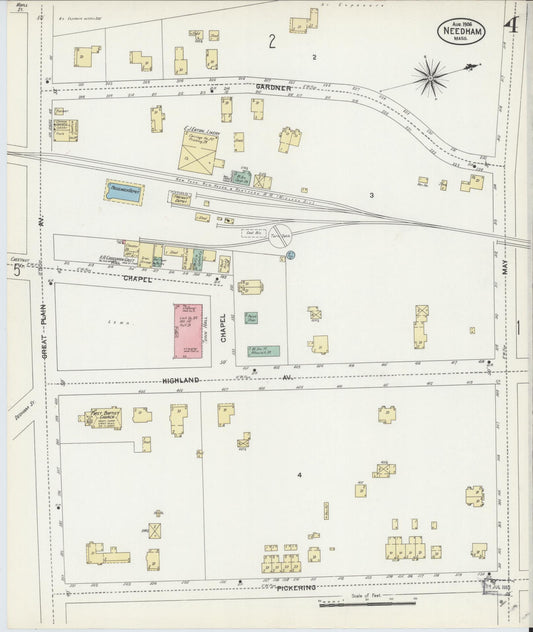 Sanborn Fire Insurance Map from Needham, Norfolk County, Massachusetts (1906), Sheet #0004 - Historic Sanborn Fire Insurance Map Print, vintage old map wall art, antique decor, genealogy gift, Massachusetts Massachusetts map