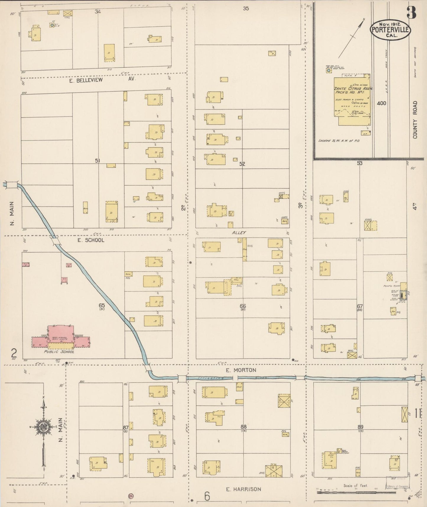 Sanborn Fire Insurance Map from Porterville, Tulare County, California (1912), Sheet #0003 - Complete Map Set gallery image, historic Sanborn map, vintage wall art, California California