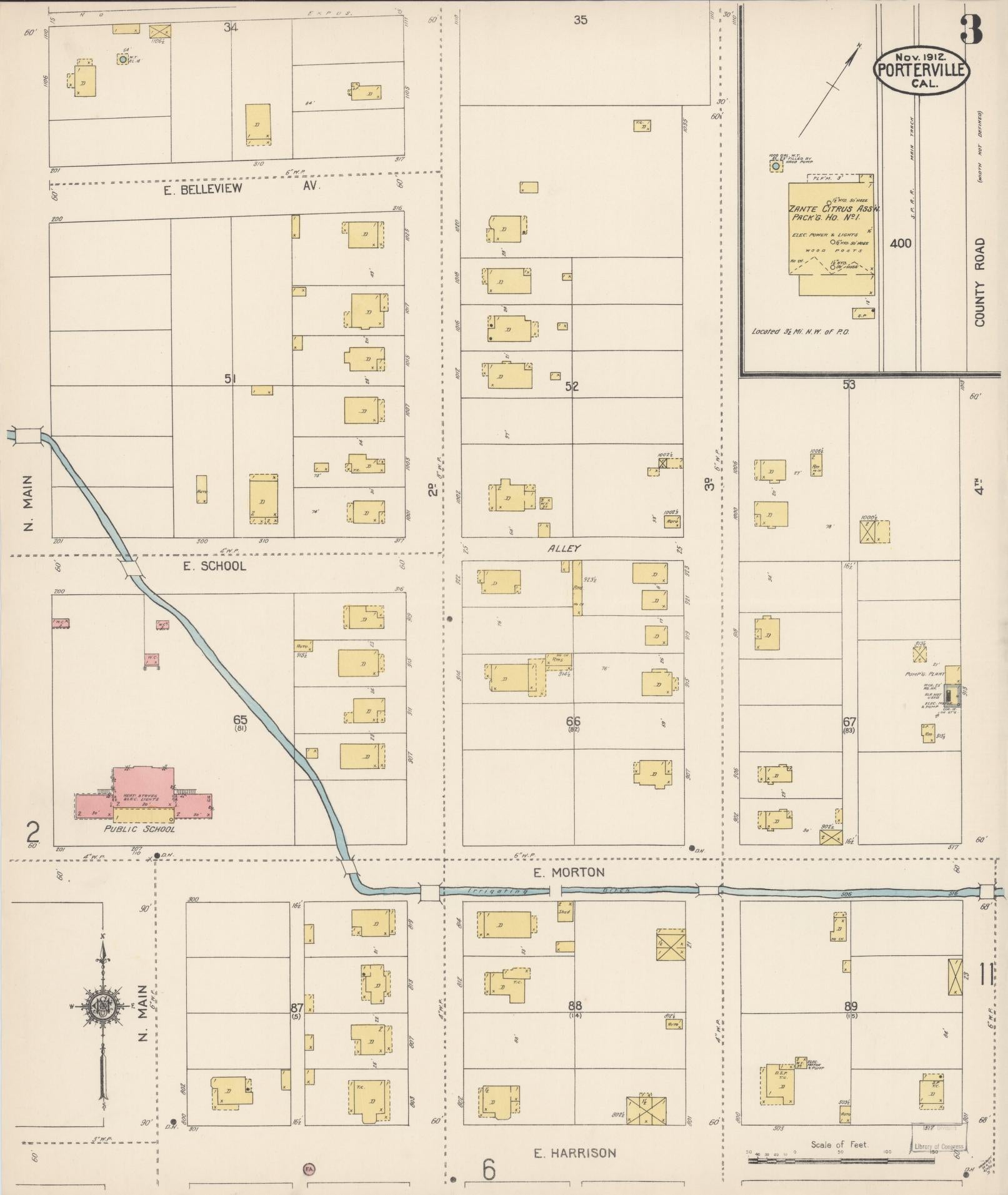 Sanborn Fire Insurance Map from Porterville, Tulare County, California (1912), Sheet #0003 - Complete Map Set gallery image, historic Sanborn map, vintage wall art, California California
