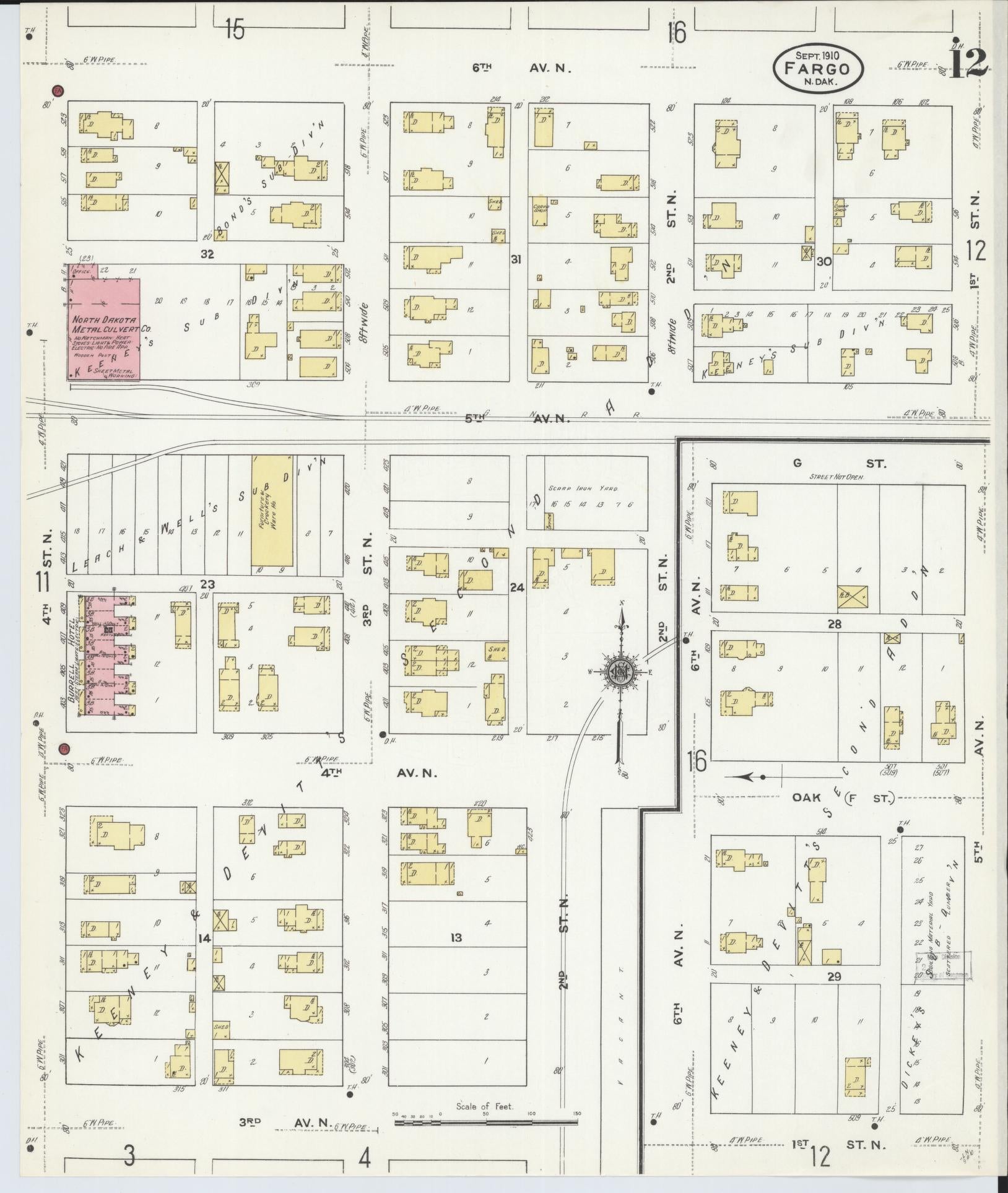 Sanborn Fire Insurance Map from Fargo, Cass County, North Dakota (1910), Sheet #0012 - Historic Sanborn Fire Insurance Map Print, vintage old map wall art, antique decor, genealogy gift, North Dakota North Dakota map