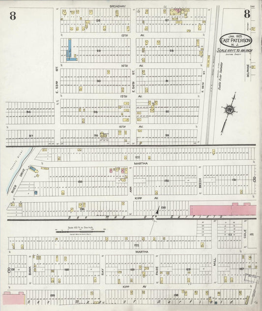 Sanborn Fire Insurance Map from East Paterson, Bergen County, New Jersey (1925), Sheet #0008 - Historic Sanborn Fire Insurance Map Print, vintage old map wall art, antique decor, genealogy gift, New Jersey New Jersey map