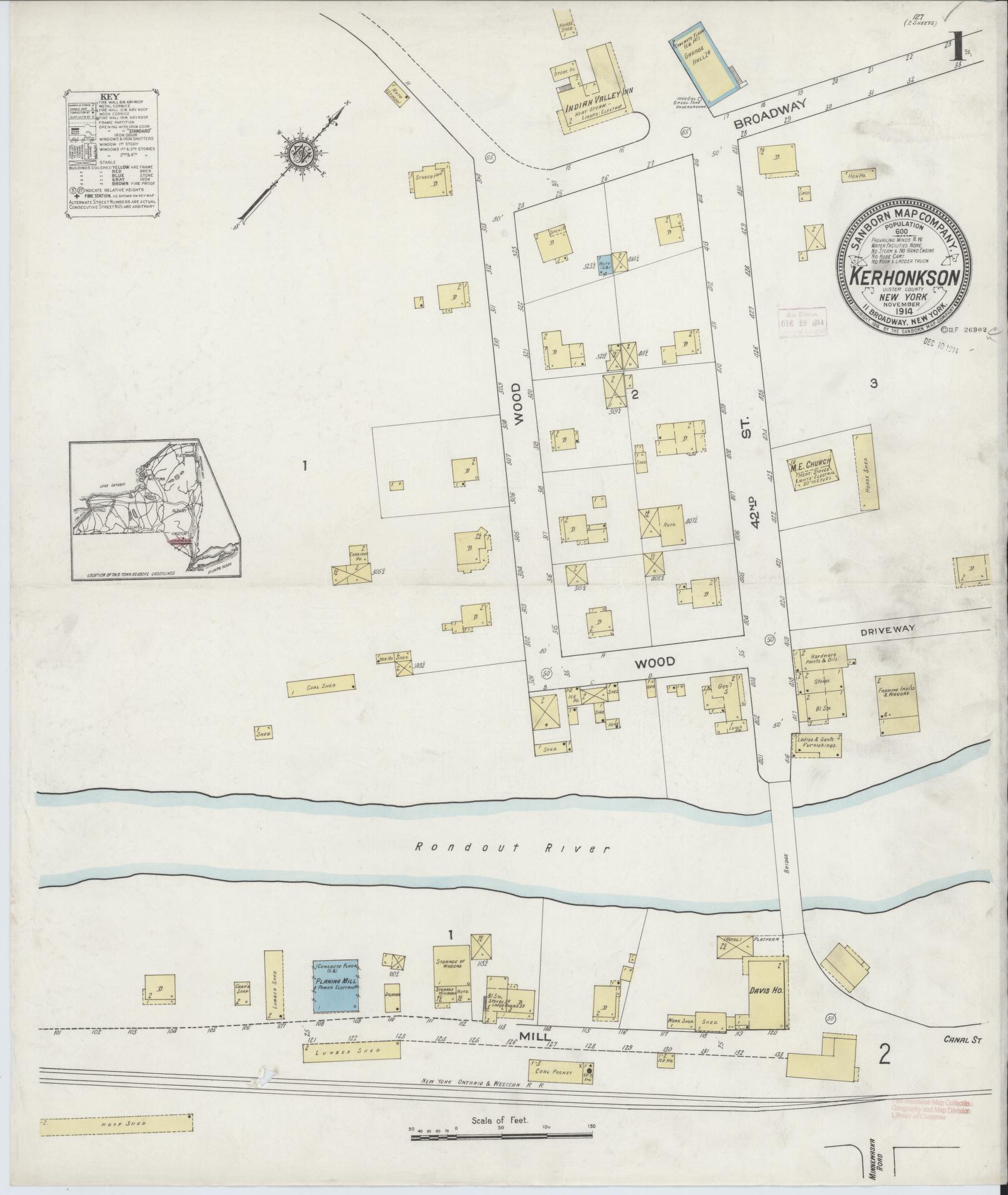 Sanborn Fire Insurance Map from Kerhonkson, Ulster County, New York (1914), Sheet #0001 - Complete Map Set gallery image, historic Sanborn map, vintage wall art, New York New York
