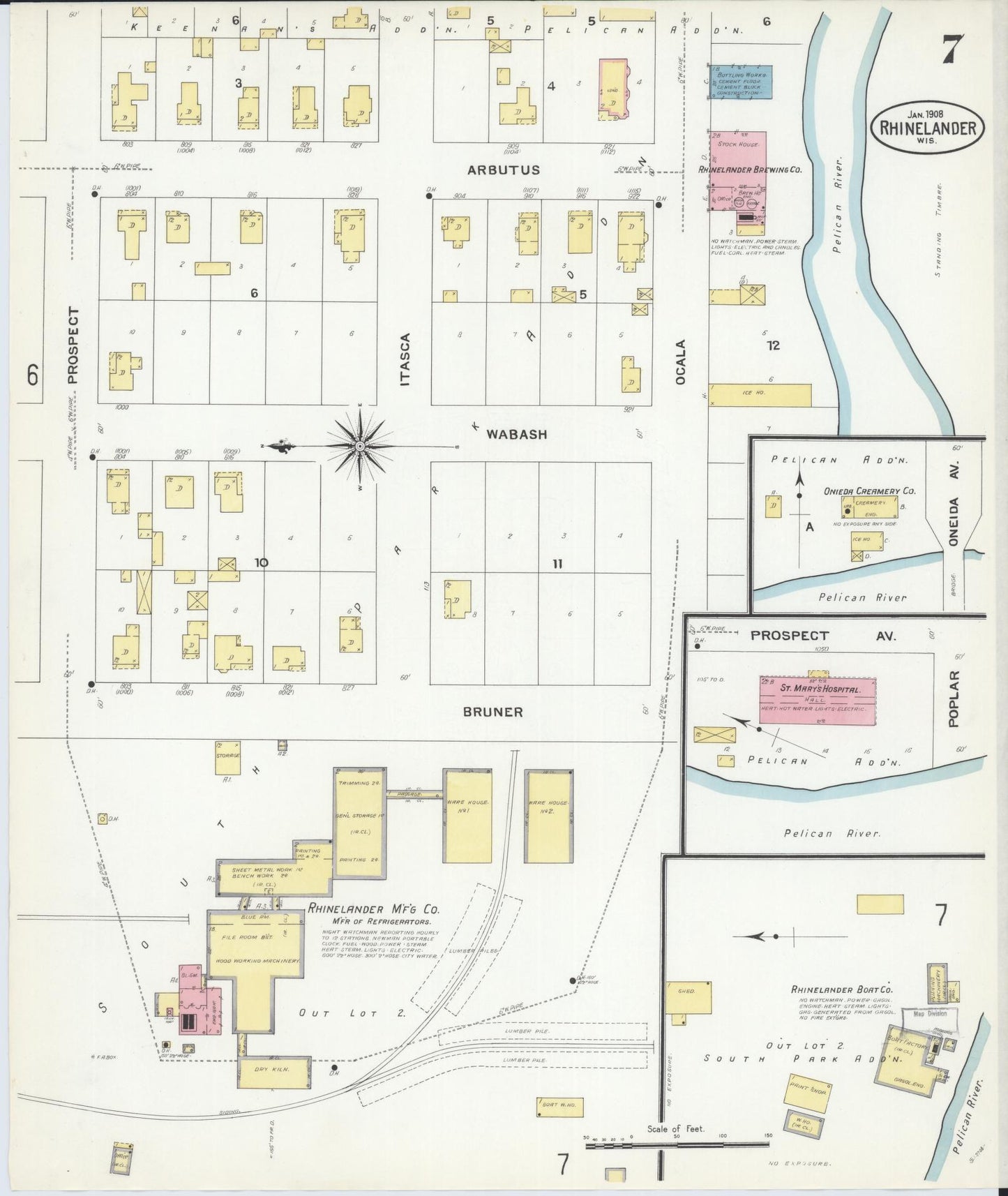Sanborn Fire Insurance Map from Rhinelander, Oneida County, Wisconsin (1908), Sheet #0007 - Complete Map Set gallery image, historic Sanborn map, vintage wall art, Wisconsin Wisconsin
