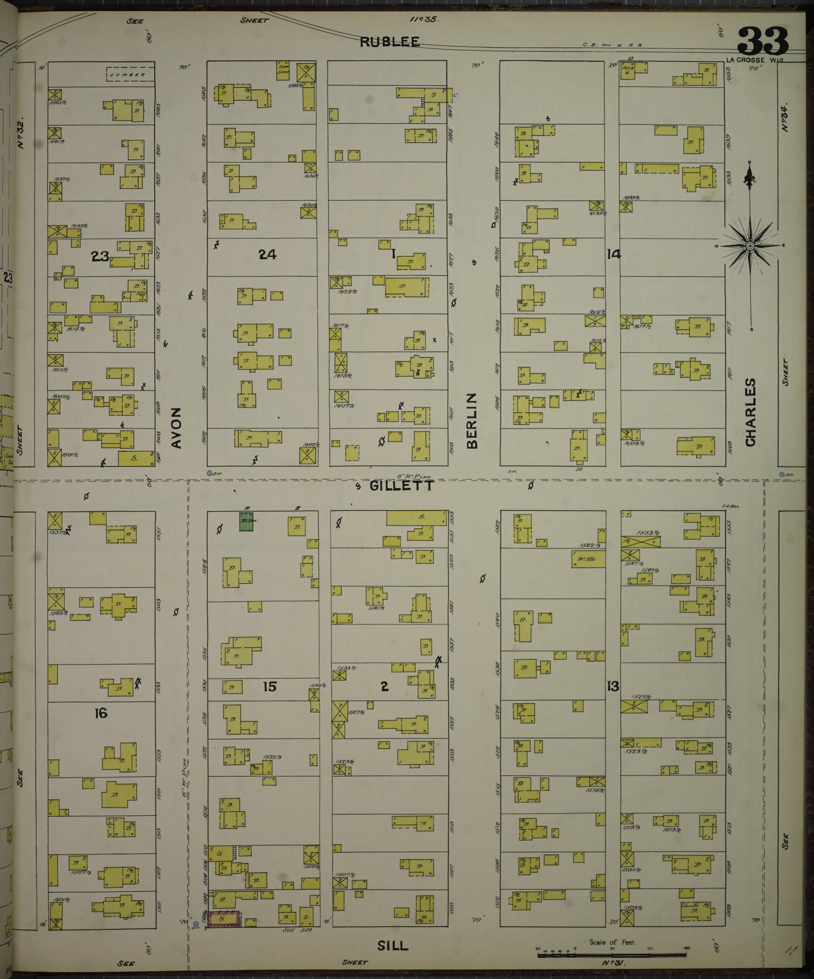 Sanborn Fire Insurance Map from La Crosse, La Crosse County, Wisconsin (1891), Sheet #0033 - Historic Sanborn Fire Insurance Map Print, vintage old map wall art, antique decor, genealogy gift, Wisconsin Wisconsin map