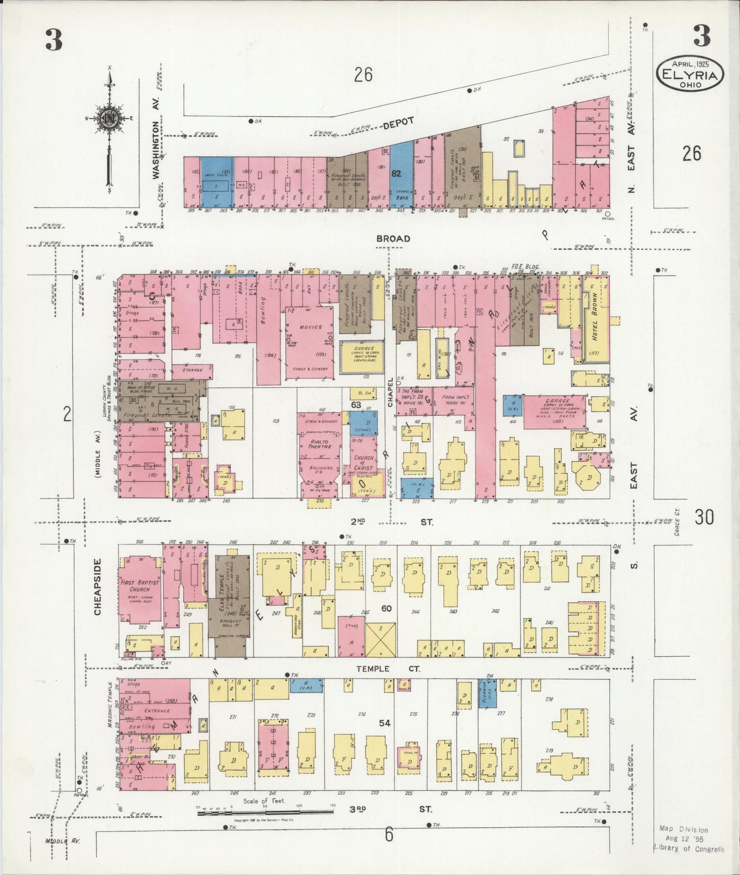 Sanborn Fire Insurance Map from Elyria, Lorain County, Ohio (1925), Sheet #0003 - Complete Map Set gallery image, historic Sanborn map, vintage wall art, Ohio Ohio