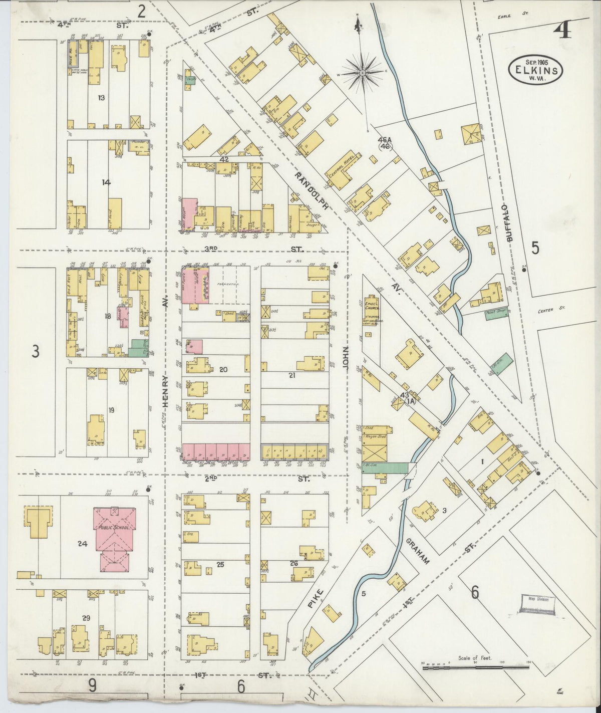 Sanborn Fire Insurance Map from Elkins, Randolph County, West Virginia (1905), Sheet #0004 - Historic Sanborn Fire Insurance Map Print, vintage old map wall art, antique decor, genealogy gift, West Virginia West Virginia map