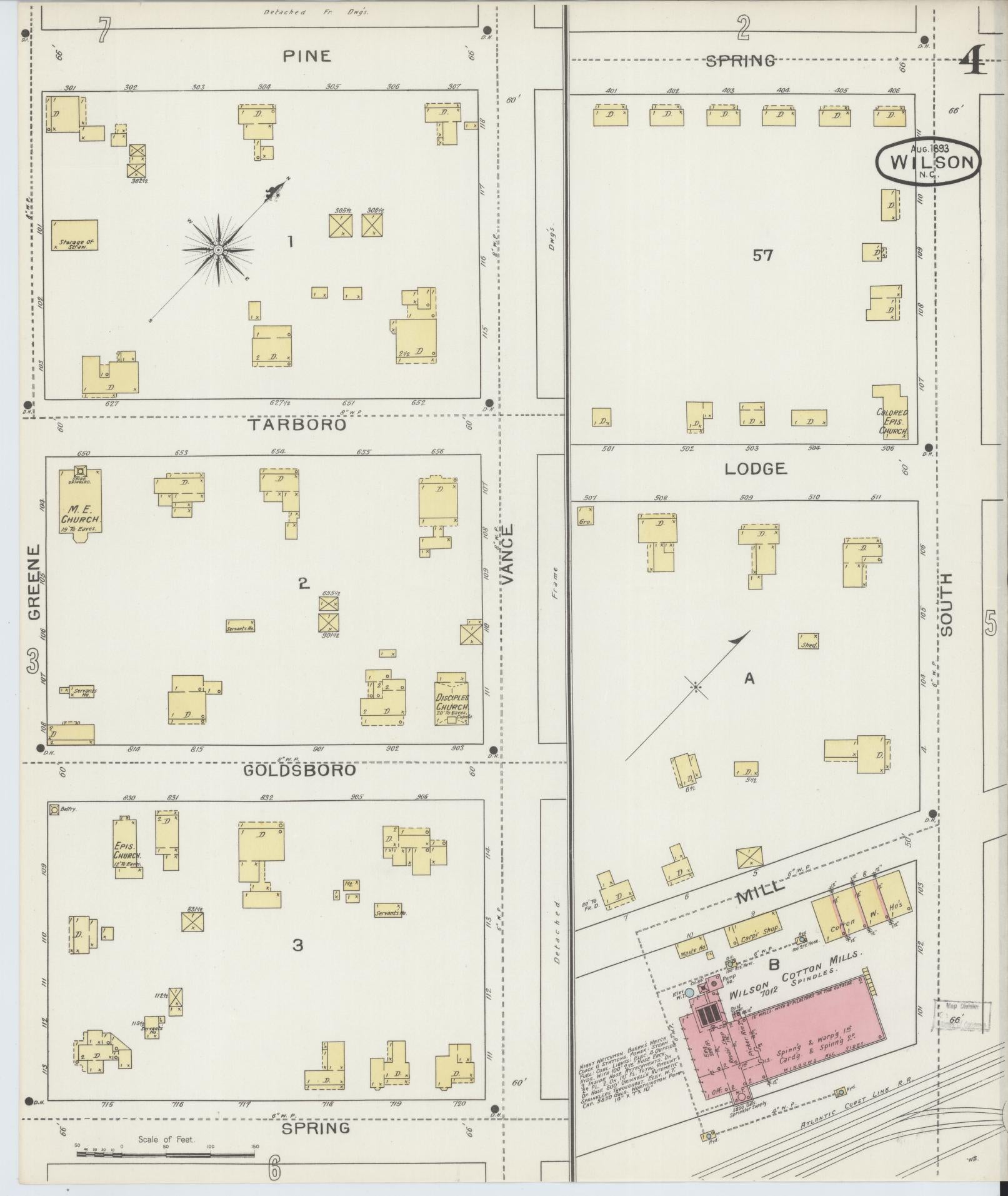 Sanborn Fire Insurance Map from Wilson, Wilson County, North Carolina (1893), Sheet #0004 - Complete Map Set gallery image, historic Sanborn map, vintage wall art, North Carolina North Carolina
