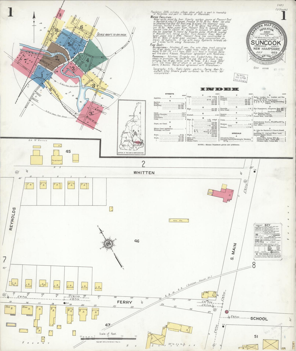 Sanborn Fire Insurance Map from Suncook, Merrimack County, New Hampshire (1923), Sheet #0001 - Complete Map Set gallery image, historic Sanborn map, vintage wall art, New Hampshire New Hampshire
