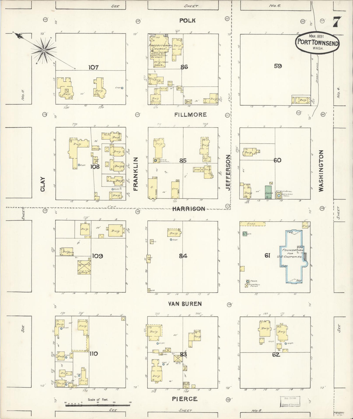 Sanborn Fire Insurance Map from Port Townsend, Jefferson County, Washington (1891), Sheet #0007 - Historic Sanborn Fire Insurance Map Print, vintage old map wall art, antique decor, genealogy gift, Washington Washington map