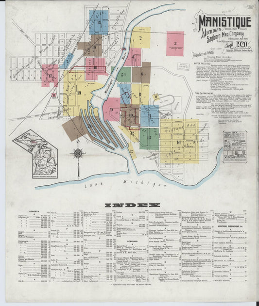 Sanborn Fire Insurance Map from Manistique, Schoolcraft County, Michigan (1920), Sheet #0001 - Historic Sanborn Fire Insurance Map Print, vintage old map wall art, antique decor, genealogy gift, Michigan Michigan map