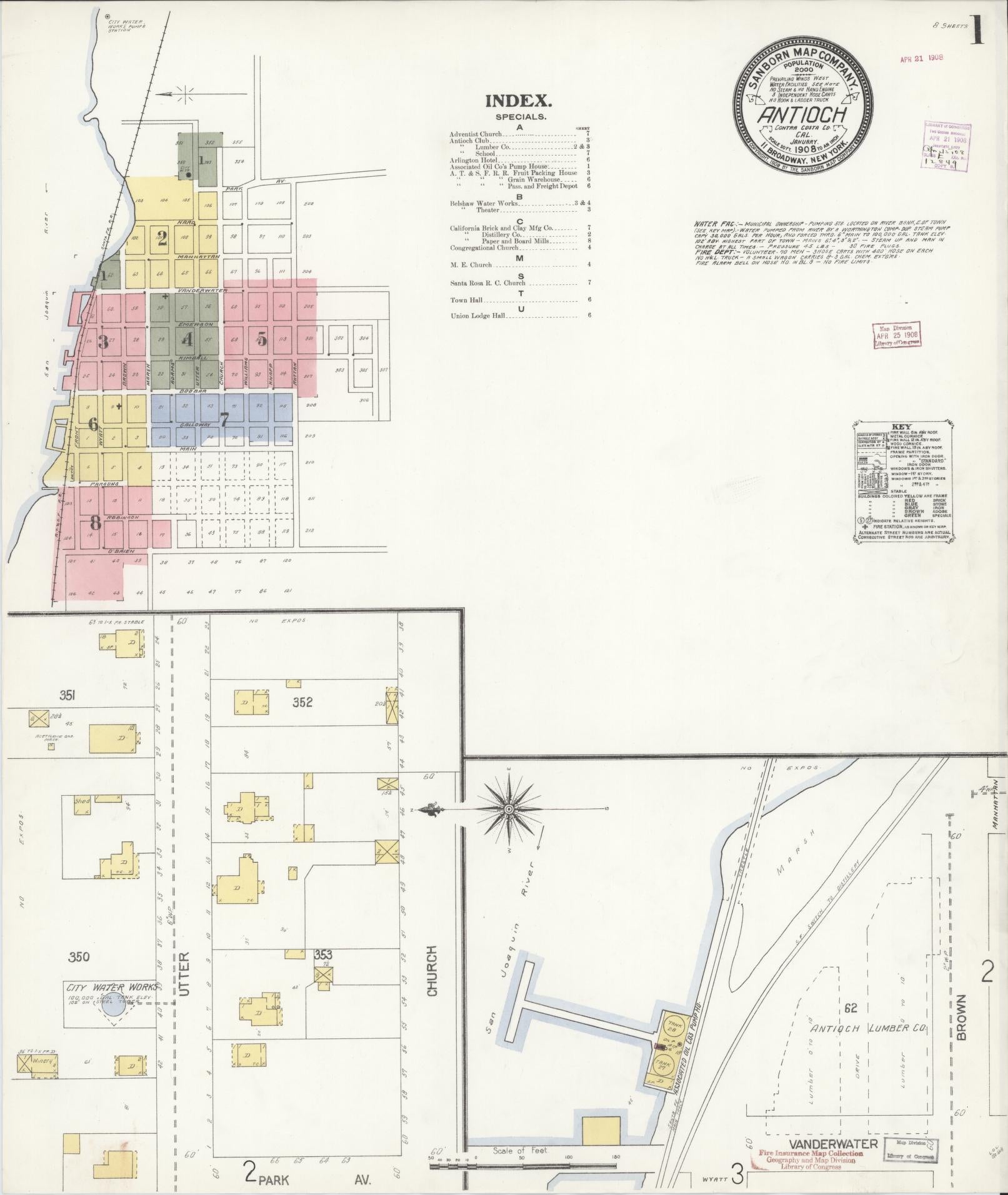 Sanborn Fire Insurance Map from Antioch, Contra Costa County, California (1908), Sheet #0001 - Historic Sanborn Fire Insurance Map Print, vintage old map wall art, antique decor, genealogy gift, California California map