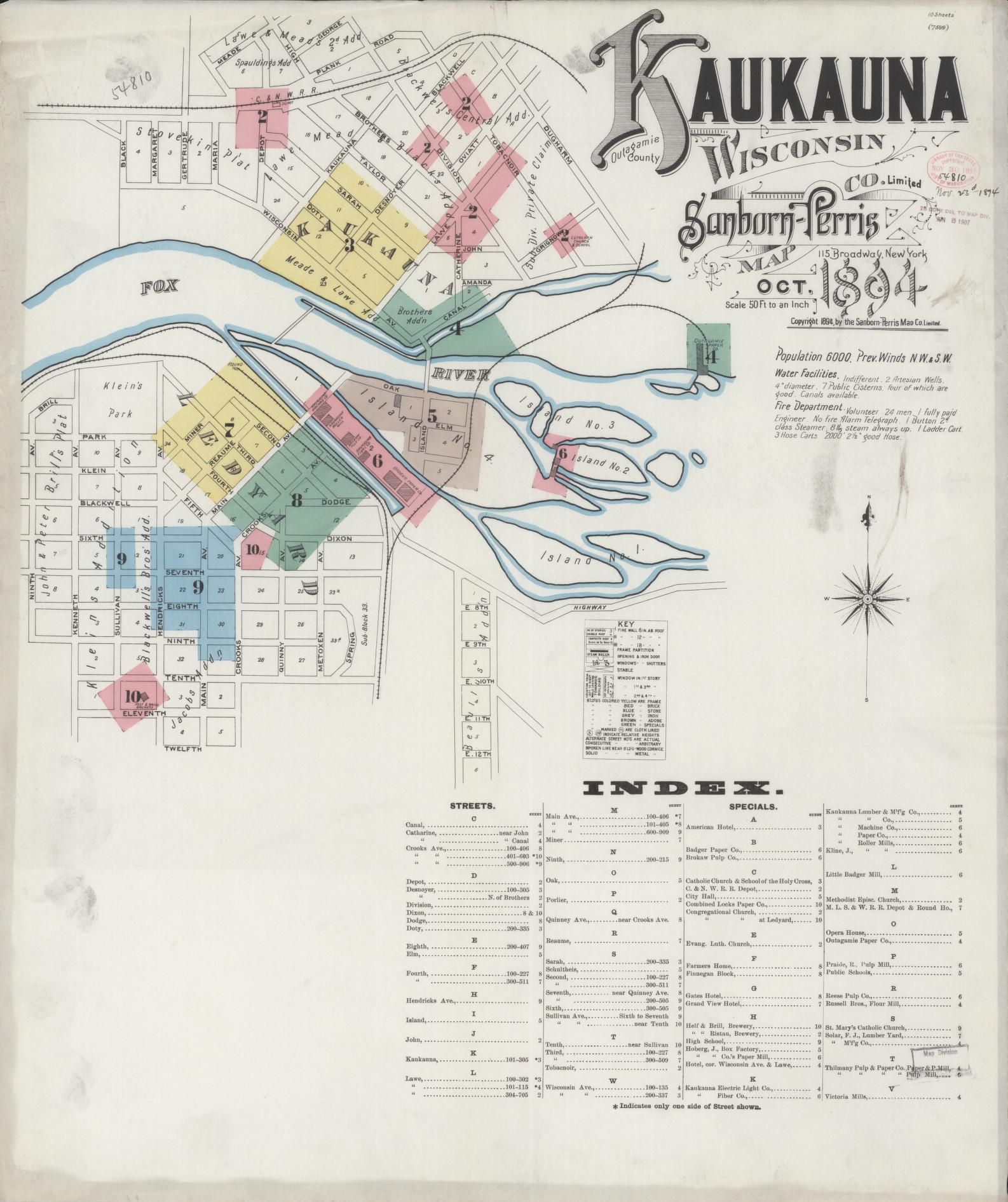 Sanborn Fire Insurance Map from Kaukauna, Outagamie County, Wisconsin (1894), Sheet #0001 - Historic Sanborn Fire Insurance Map Print, vintage old map wall art, antique decor, genealogy gift, Wisconsin Wisconsin map
