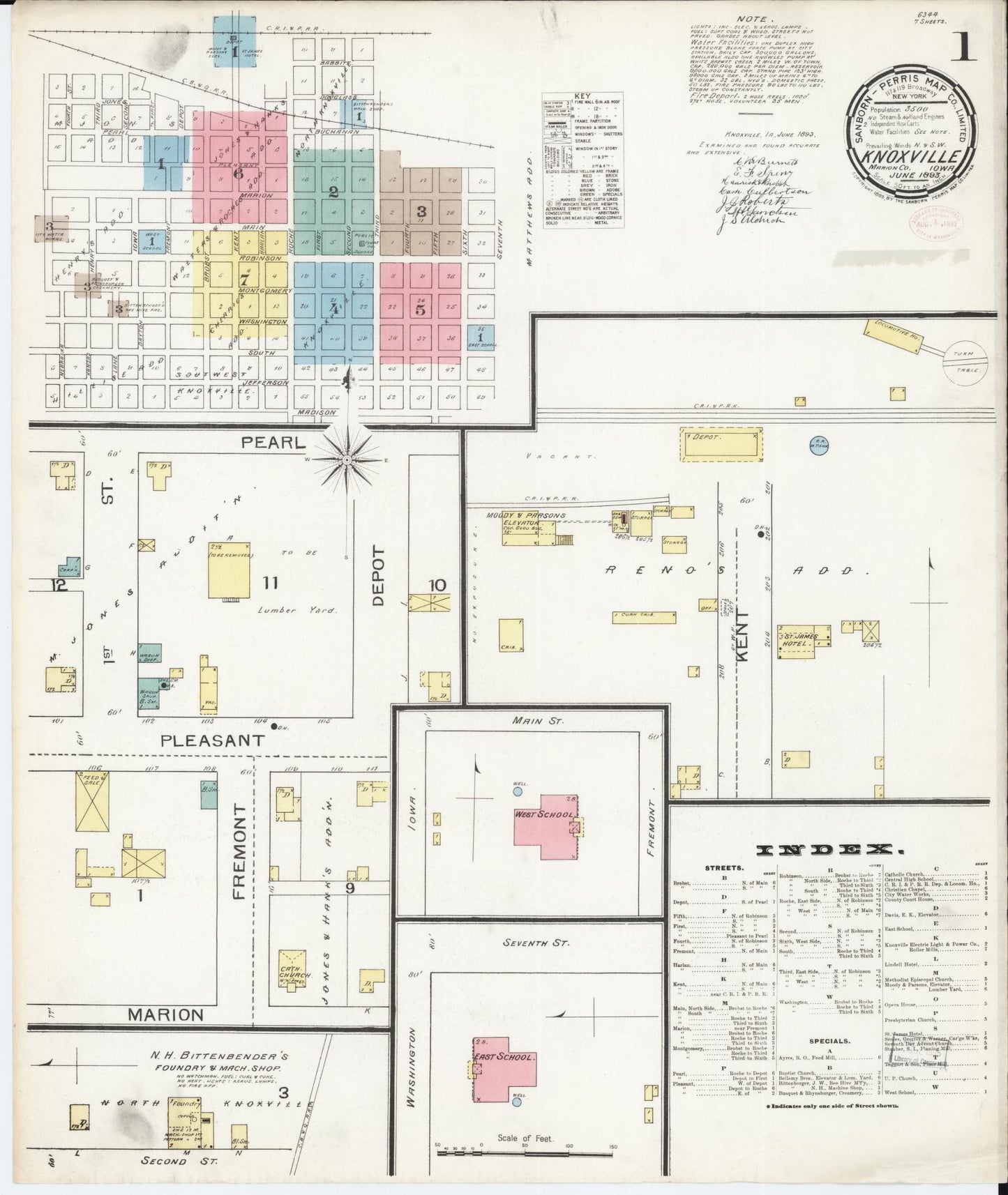 Sanborn Fire Insurance Map from Knoxville, Marion County, Iowa (1893), Sheet #0001 - Historic Sanborn Fire Insurance Map Print, vintage old map wall art