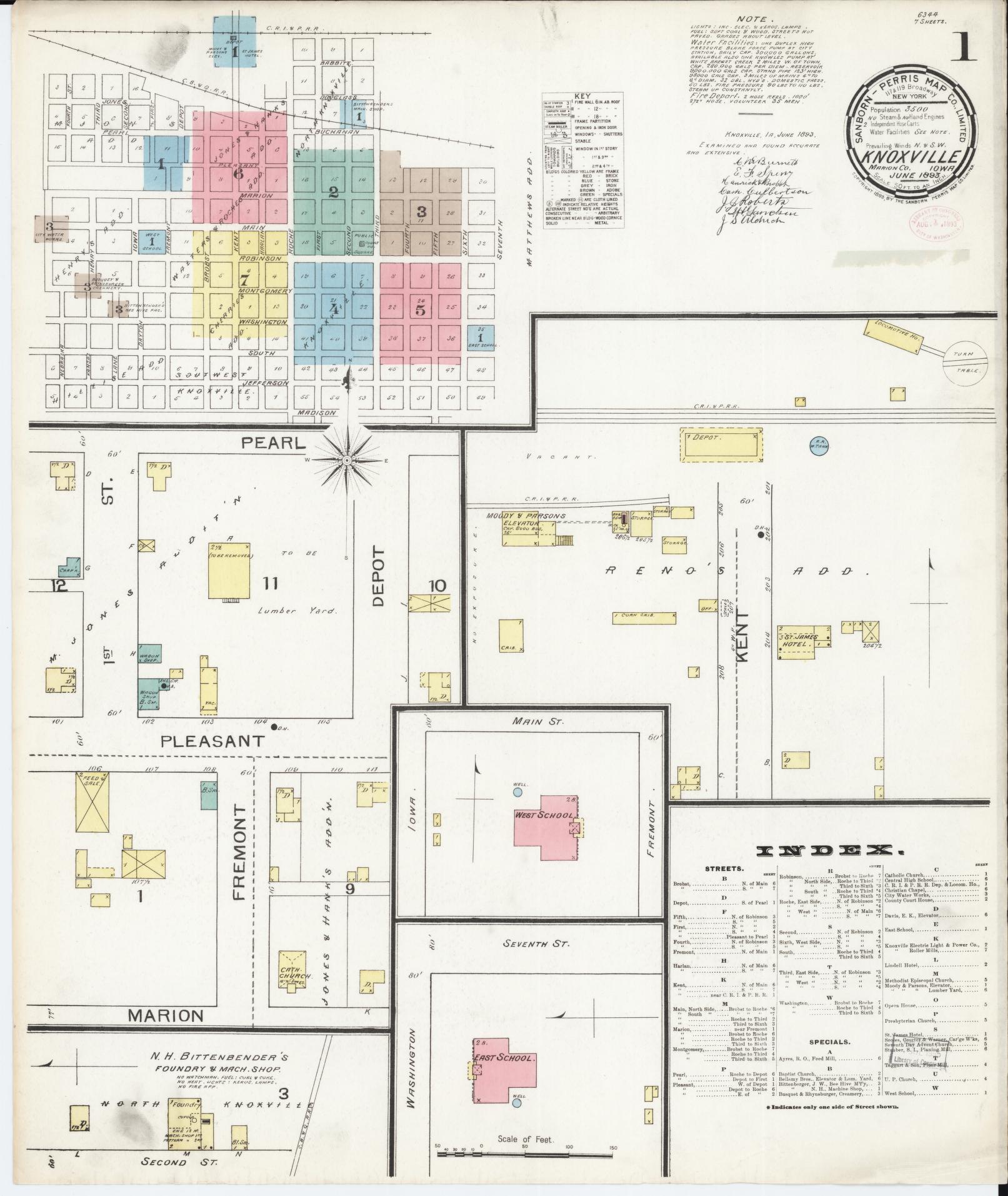 Sanborn Fire Insurance Map from Knoxville, Marion County, Iowa (1893), Sheet #0001 - Historic Sanborn Fire Insurance Map Print, vintage old map wall art