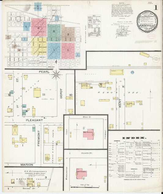 Sanborn Fire Insurance Map from Knoxville, Marion County, Iowa (1893), Sheet #0001 - Historic Sanborn Fire Insurance Map Print, vintage old map wall art
