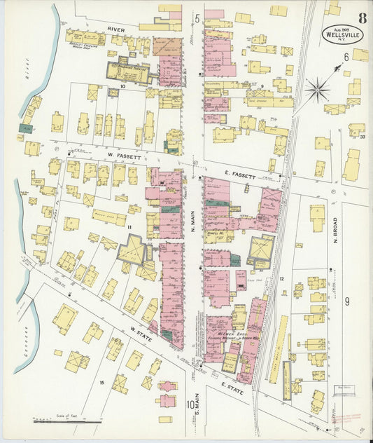 Sanborn Fire Insurance Map from Wellsville, Allegany County, New York (1909), Sheet #0008 - Historic Sanborn Fire Insurance Map Print, vintage old map wall art, antique decor, genealogy gift, New York New York map
