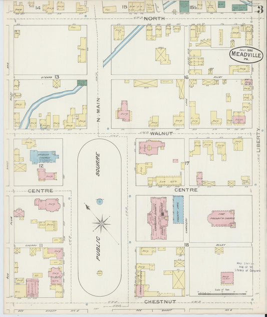 Sanborn Fire Insurance Map from Meadville, Crawford County, Pennsylvania (1886), Sheet #0003 - Historic Sanborn Fire Insurance Map Print, vintage old map wall art, antique decor, genealogy gift, Pennsylvania Pennsylvania map