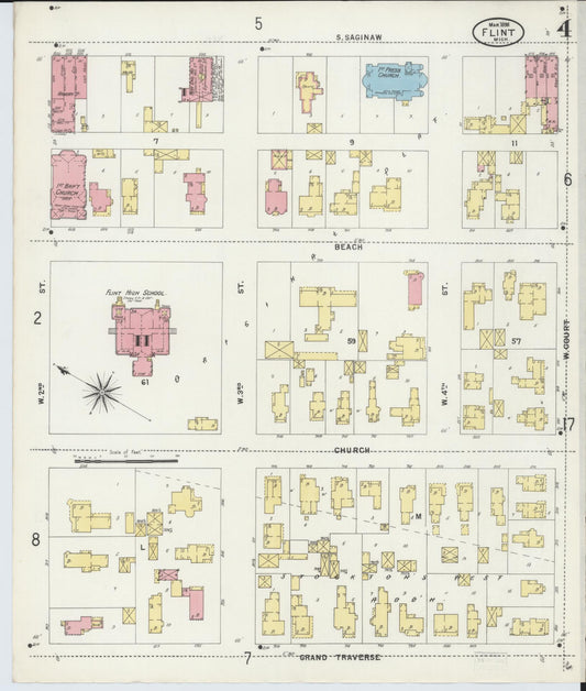 Sanborn Fire Insurance Map from Flint, Genesee County, Michigan (1898), Sheet #0004 - Historic Sanborn Fire Insurance Map Print, vintage old map wall art, antique decor, genealogy gift, Michigan Michigan map