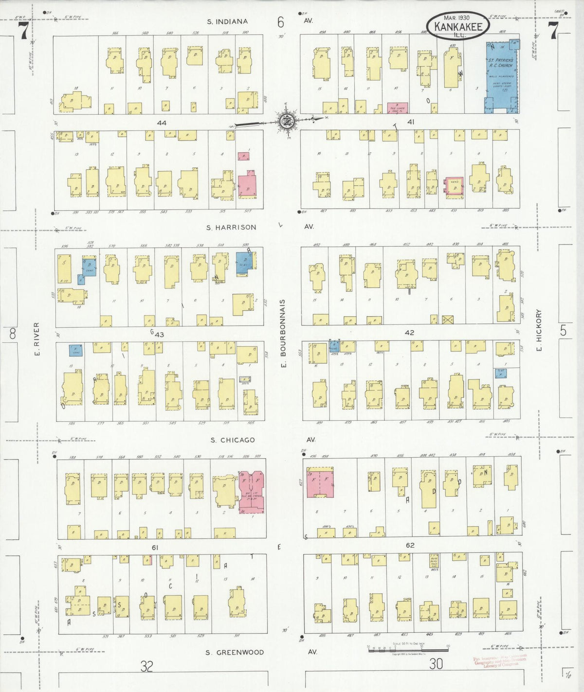 Sanborn Fire Insurance Map from Kankakee, Kankakee County, Illinois (1930), Sheet #0007 - Complete Map Set gallery image, historic Sanborn map, vintage wall art, Illinois Illinois