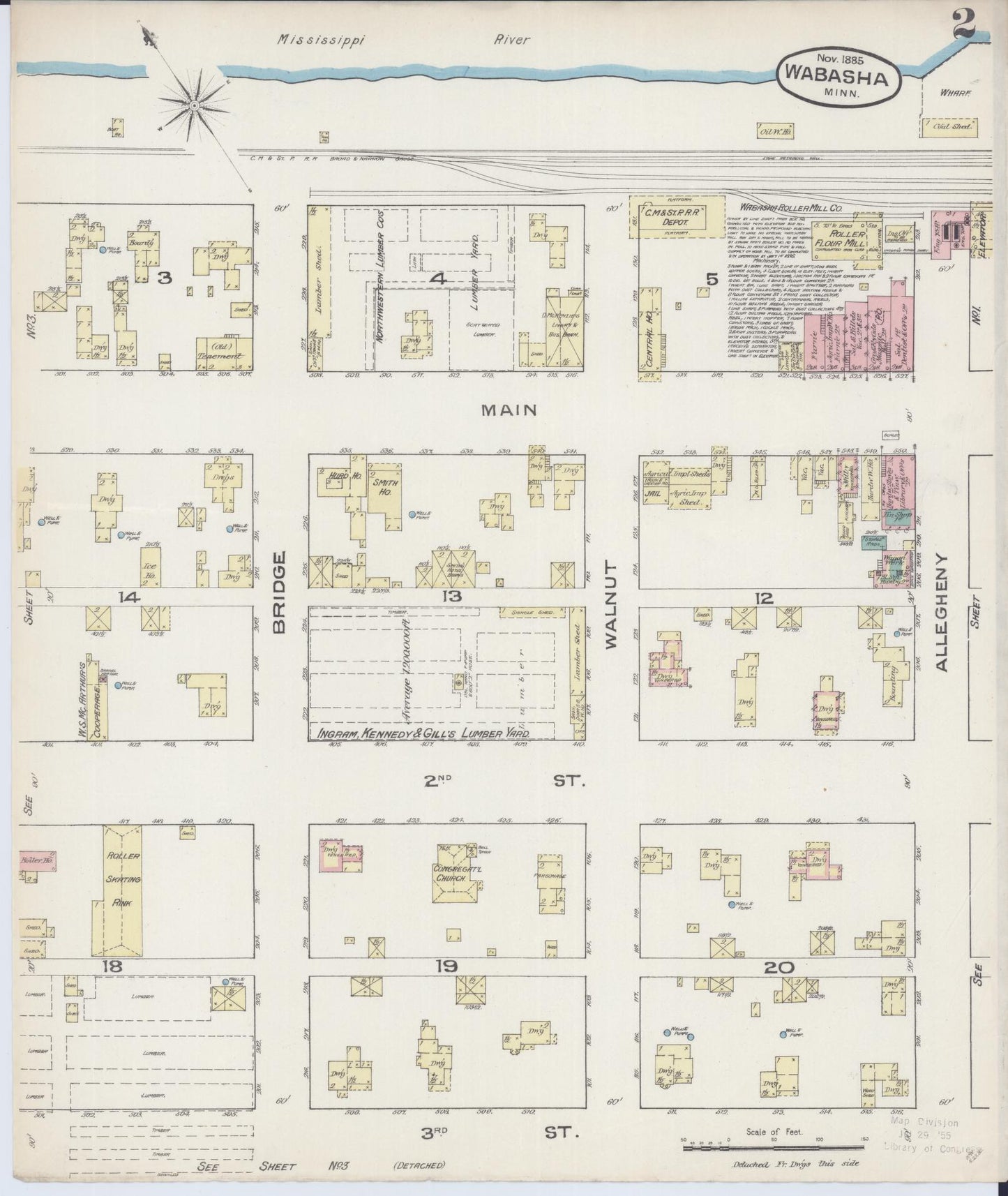 Sanborn Fire Insurance Map from Wabasha, Wabasha County, Minnesota (1885), Sheet #0002 - Historic Sanborn Fire Insurance Map Print, vintage old map wall art, antique decor, genealogy gift, Minnesota Minnesota map