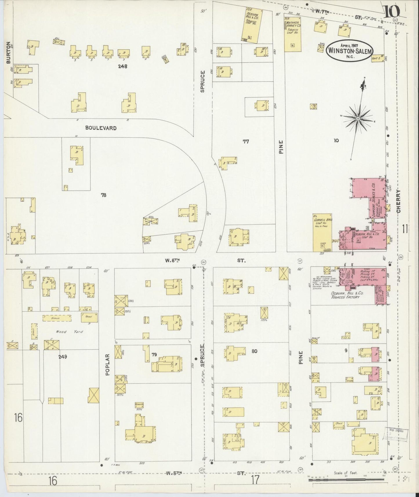 Sanborn Fire Insurance Map from Winston-Salem, Forsyth County, North Carolina (1907), Sheet #0010 - Complete Map Set gallery image, historic Sanborn map, vintage wall art, North Carolina North Carolina