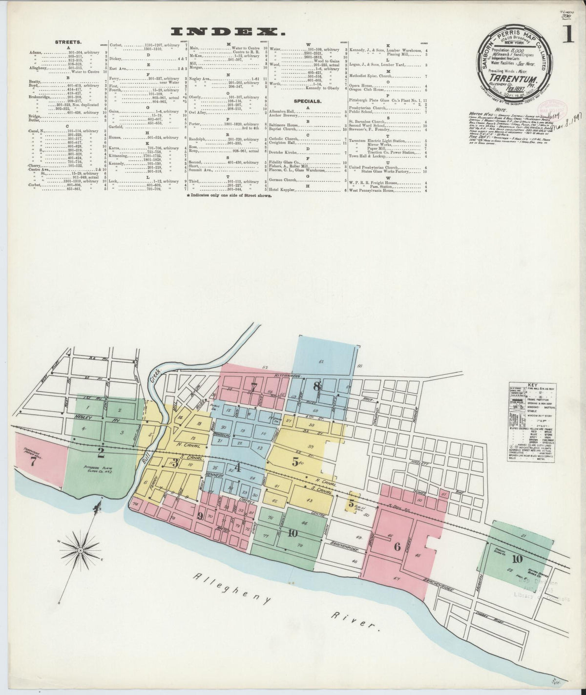 Sanborn Fire Insurance Map from Tarentum, Allegheny County, Pennsylvania (1897), Sheet #0001 - Historic Sanborn Fire Insurance Map Print, vintage old map wall art, antique decor, genealogy gift, Pennsylvania Pennsylvania map