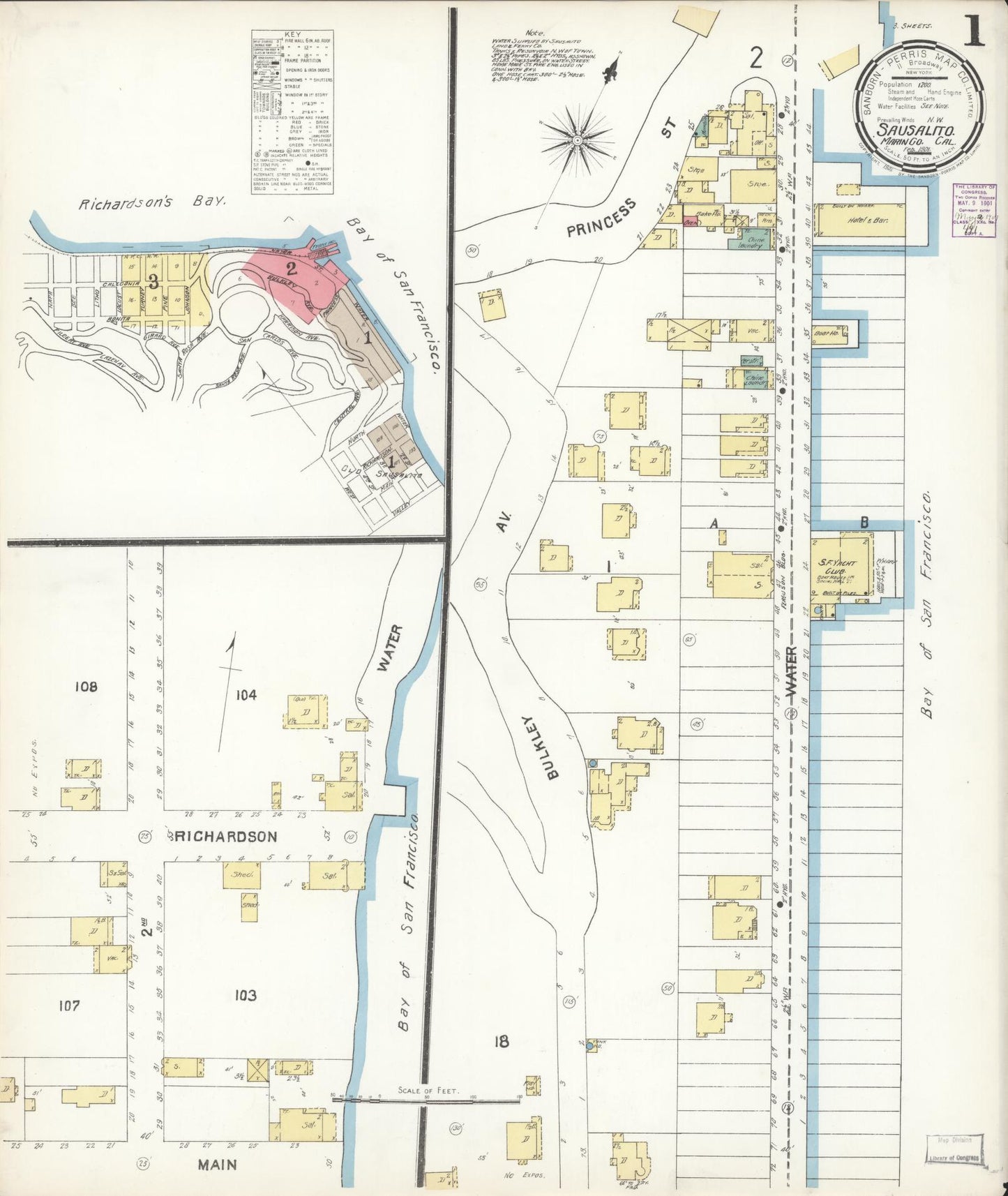 Sanborn Fire Insurance Map from Sausalito, Marin County, California (1901), Sheet #0001 - Complete Map Set gallery image, historic Sanborn map, vintage wall art, California California