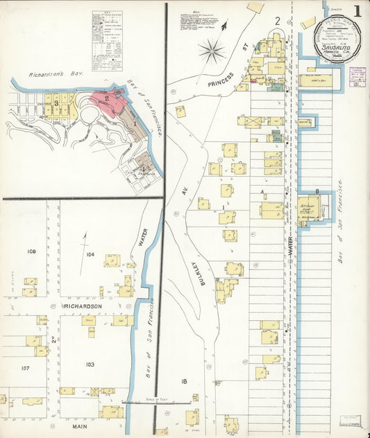 Sanborn Fire Insurance Map from Sausalito, Marin County, California (1901), Sheet #0001 - Complete Map Set gallery image, historic Sanborn map, vintage wall art, California California