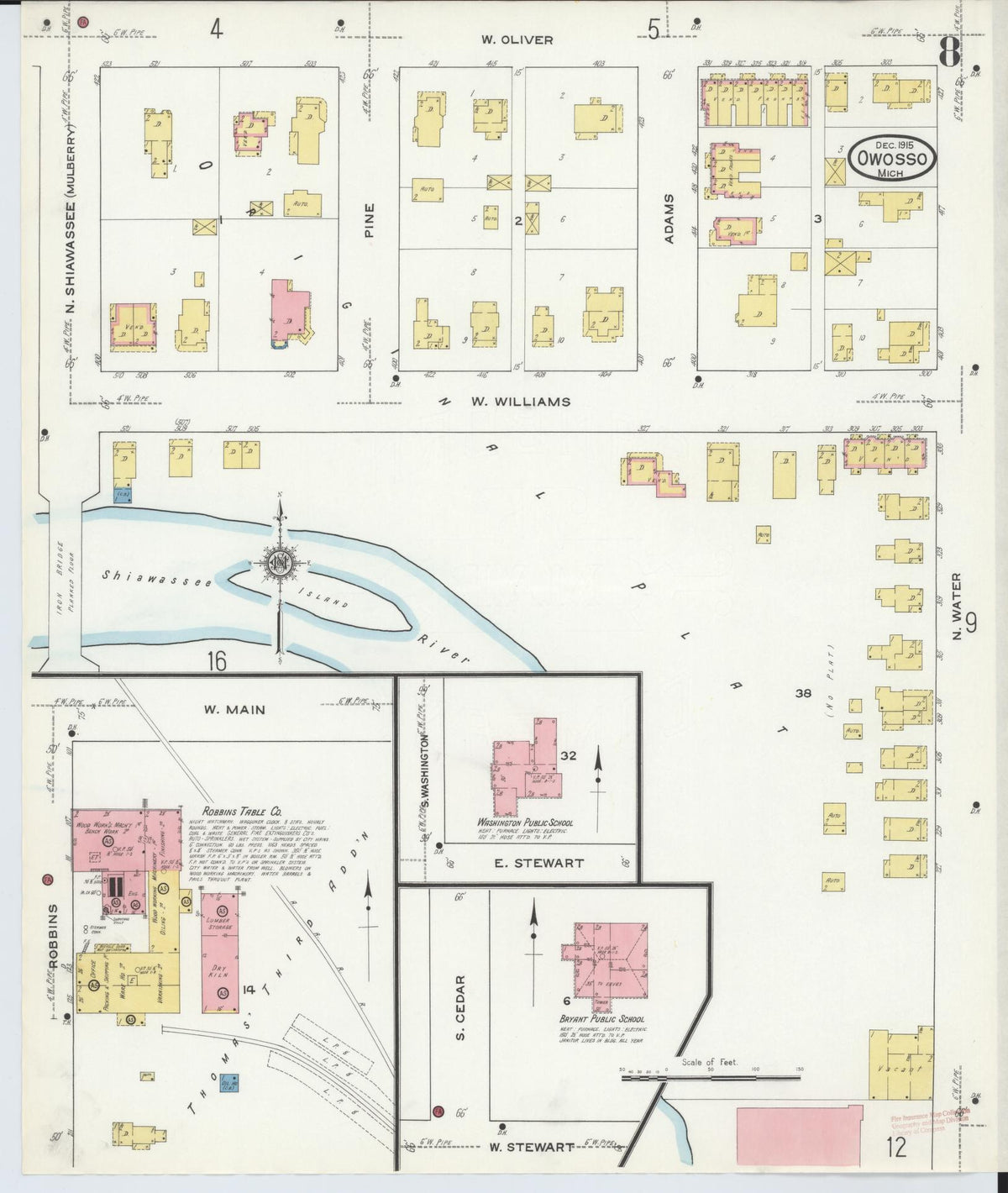 Sanborn Fire Insurance Map from Owosso, Shiawassee County, Michigan (1915), Sheet #0008 - Historic Sanborn Fire Insurance Map Print, vintage old map wall art, antique decor, genealogy gift, Michigan Michigan map
