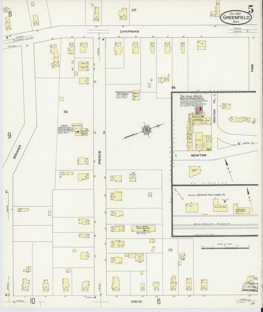 Sanborn Fire Insurance Map from Greenfield, Franklin County, Massachusetts (1909), Sheet #0005 - Historic Sanborn Fire Insurance Map Print, vintage old map wall art, antique decor, genealogy gift, Massachusetts Massachusetts map