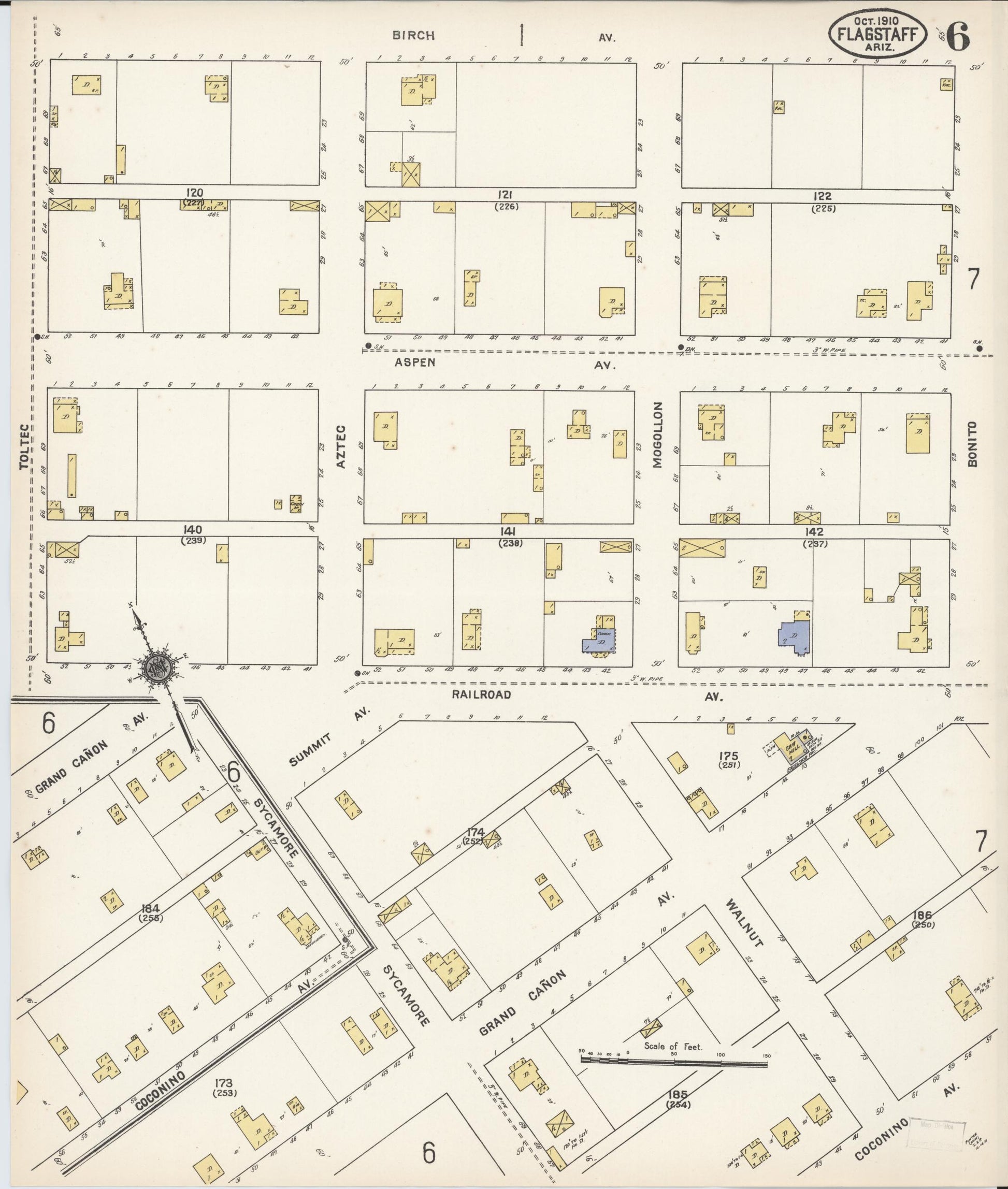 Sanborn Fire Insurance Map from Flagstaff, Coconino County, Arizona (1910), Sheet #0006 - Historic Sanborn Fire Insurance Map Print, vintage old map wall art, antique decor, genealogy gift, Arizona Arizona map