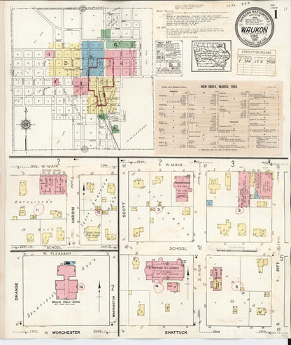 Sanborn Fire Insurance Map from Waukon, Allamakee County, Iowa (1934), Sheet #0001 - Historic Sanborn Fire Insurance Map Print, vintage old map wall art