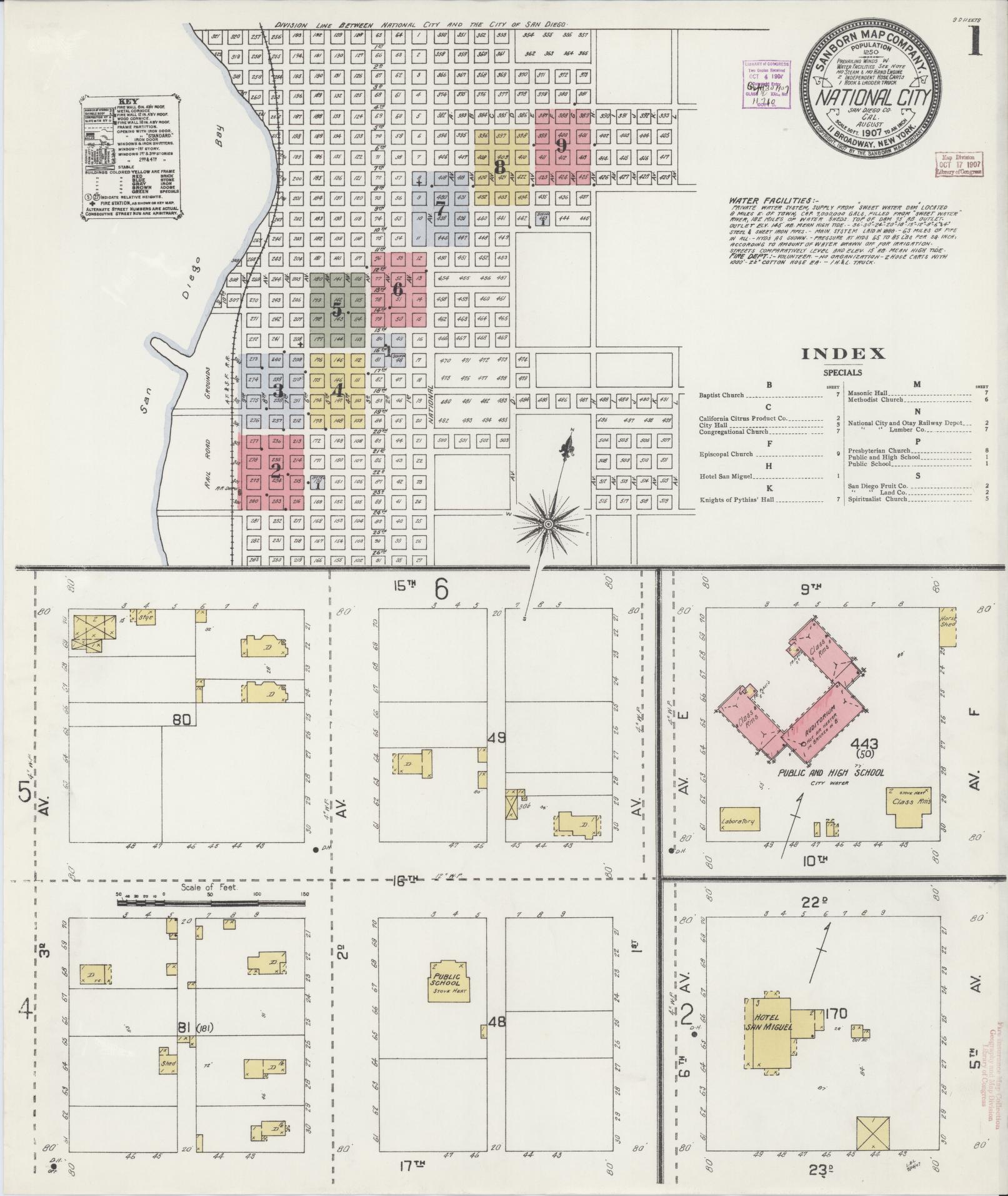 Sanborn Fire Insurance Map from National City, San Diego County, California (1907), Sheet #0001 - Historic Sanborn Fire Insurance Map Print, vintage old map wall art, antique decor, genealogy gift, California California map
