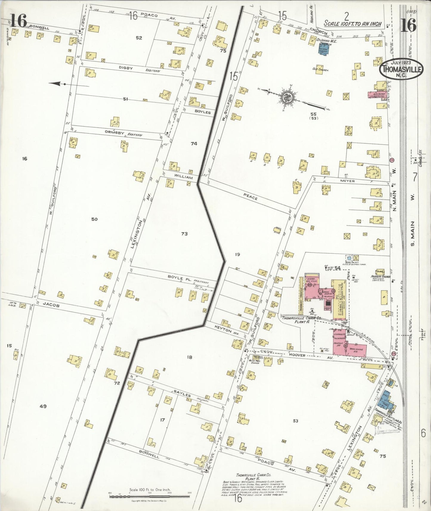 Sanborn Fire Insurance Map from Thomasville, Davidson County, North Carolina (1923), Sheet #0016 - Complete Map Set gallery image, historic Sanborn map, vintage wall art, North Carolina North Carolina