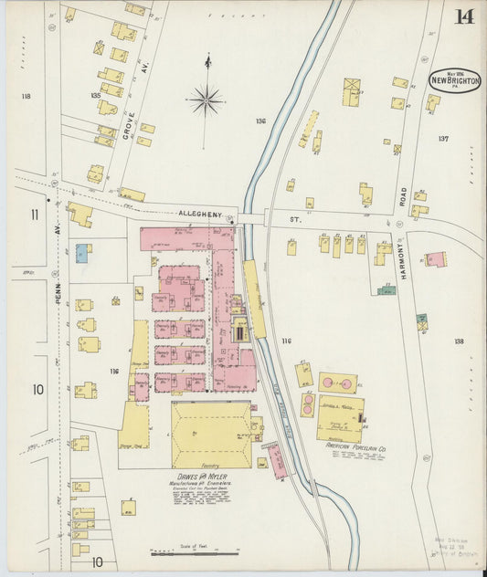Sanborn Fire Insurance Map from New Brighton, Beaver County, Pennsylvania (1896), Sheet #0014 - Historic Sanborn Fire Insurance Map Print, vintage old map wall art, antique decor, genealogy gift, Pennsylvania Pennsylvania map