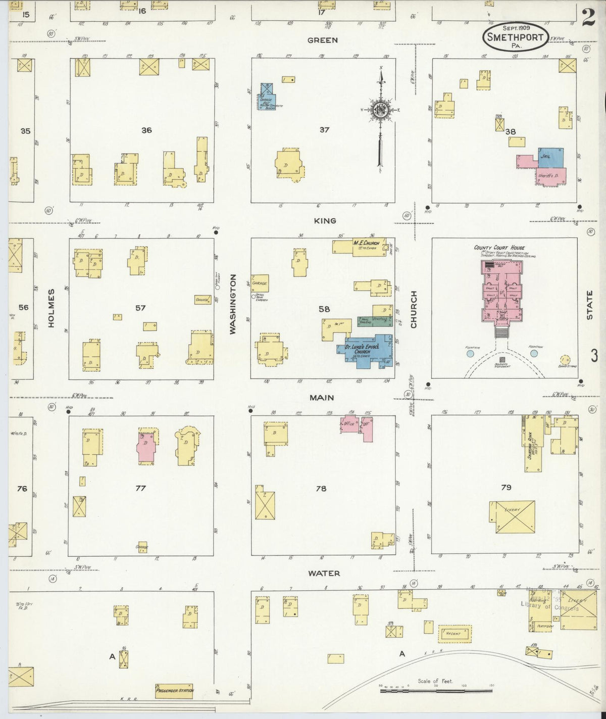 Sanborn Fire Insurance Map from Smethport, McKean County, Pennsylvania (1909), Sheet #0002 - Historic Sanborn Fire Insurance Map Print, vintage old map wall art, antique decor, genealogy gift, Pennsylvania Pennsylvania map