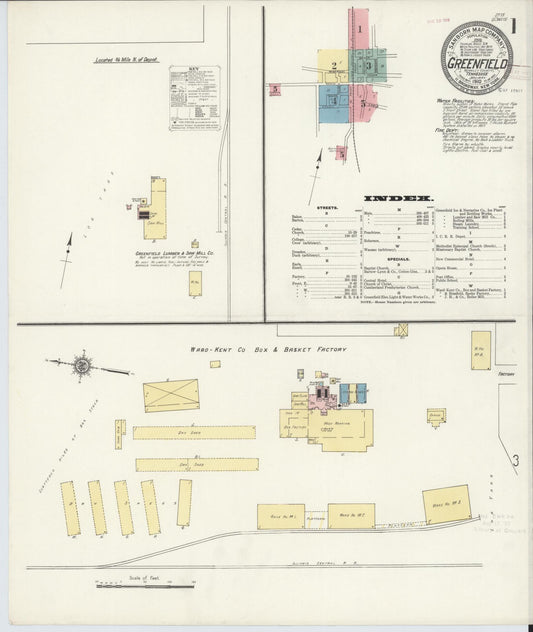 Sanborn Fire Insurance Map from Greenfield, Weakley County, Tennessee (1910), Sheet #0001 - Complete Map Set gallery image, historic Sanborn map, vintage wall art, Tennessee Tennessee