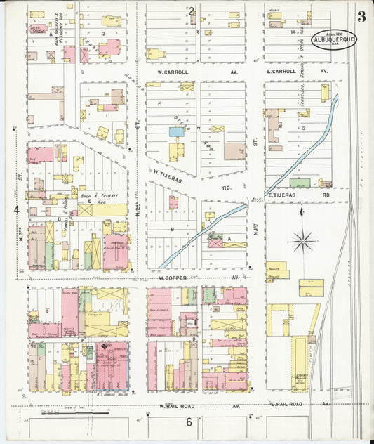 Sanborn Fire Insurance Map from Albuquerque, Bernalillo County, New Mexico (1898), Sheet #0003 - Historic Sanborn Fire Insurance Map Print, vintage old map wall art, antique decor, genealogy gift, New Mexico New Mexico map