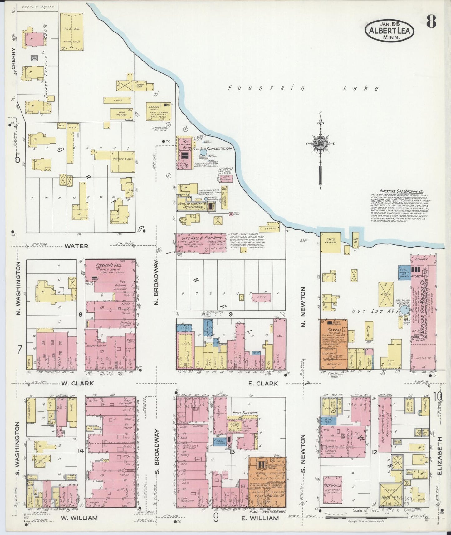 Sanborn Fire Insurance Map from Albert Lea, Freeborn County, Minnesota (1918), Sheet #0008 - Historic Sanborn Fire Insurance Map Print, vintage old map wall art, antique decor, genealogy gift, Minnesota Minnesota map