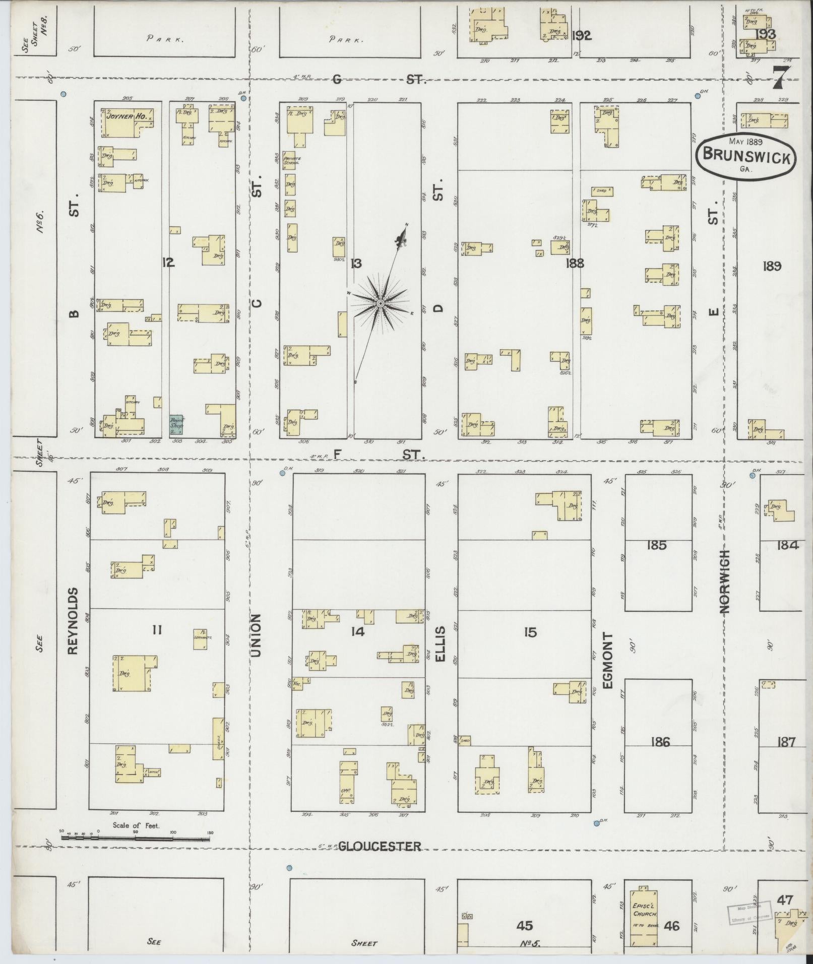 Sanborn Fire Insurance Map from Brunswick, Glynn County, Georgia (1889), Sheet #0007 - Complete Map Set gallery image, historic Sanborn map, vintage wall art, Georgia Georgia