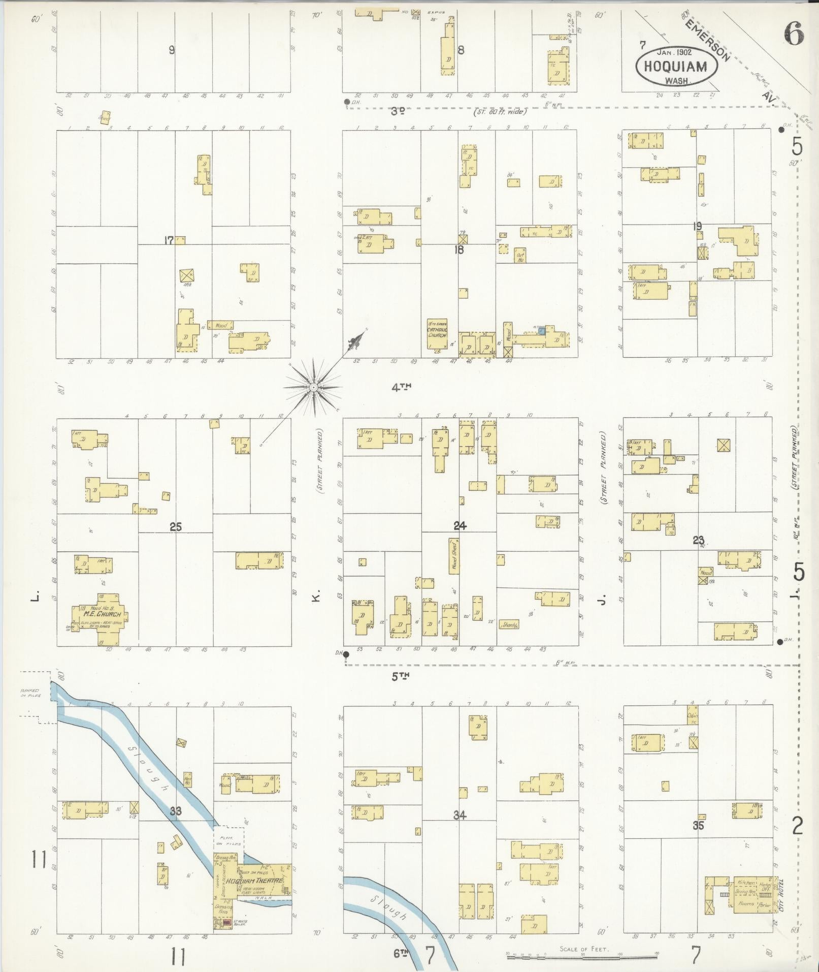 Sanborn Fire Insurance Map from Hoquiam, Grays Harbor County, Washington (1902), Sheet #0006 - Historic Sanborn Fire Insurance Map Print, vintage old map wall art, antique decor, genealogy gift, Washington Washington map