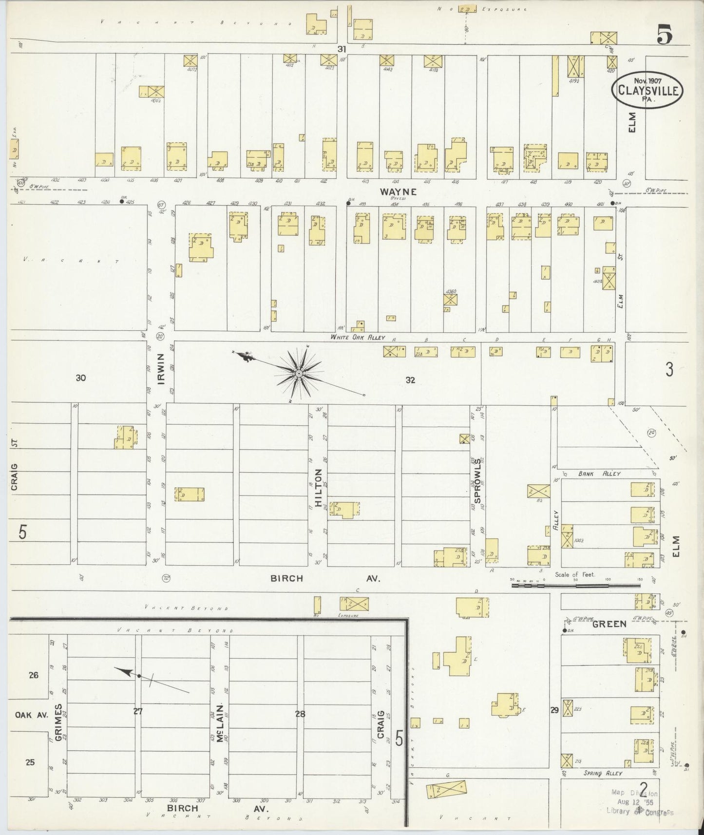 Sanborn Fire Insurance Map from Claysville, Washington County, Pennsylvania (1907), Sheet #0005 - Historic Sanborn Fire Insurance Map Print, vintage old map wall art, antique decor, genealogy gift, Pennsylvania Pennsylvania map