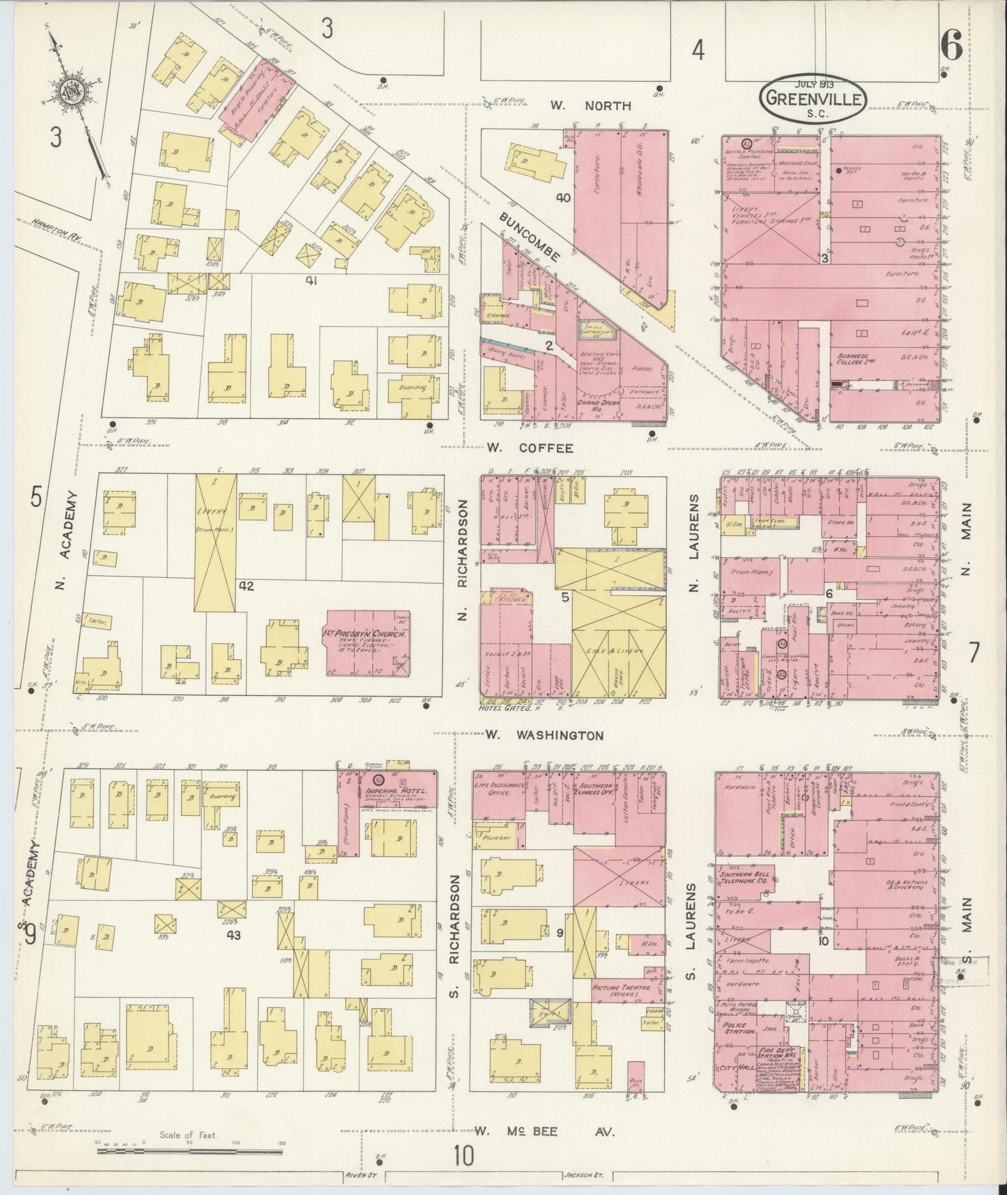 Sanborn Fire Insurance Map from Greenville, Greenville County, South Carolina (1913), Sheet #0006 - Historic Sanborn Fire Insurance Map Print, vintage old map wall art, antique decor, genealogy gift, South Carolina South Carolina map